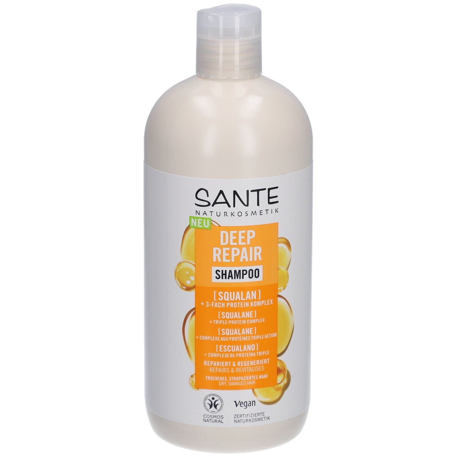 Flacon de shampooing beige avec bouchon blanc. Inscription: SANTE DEEP REPAIR Shampoo. Label Vegan.