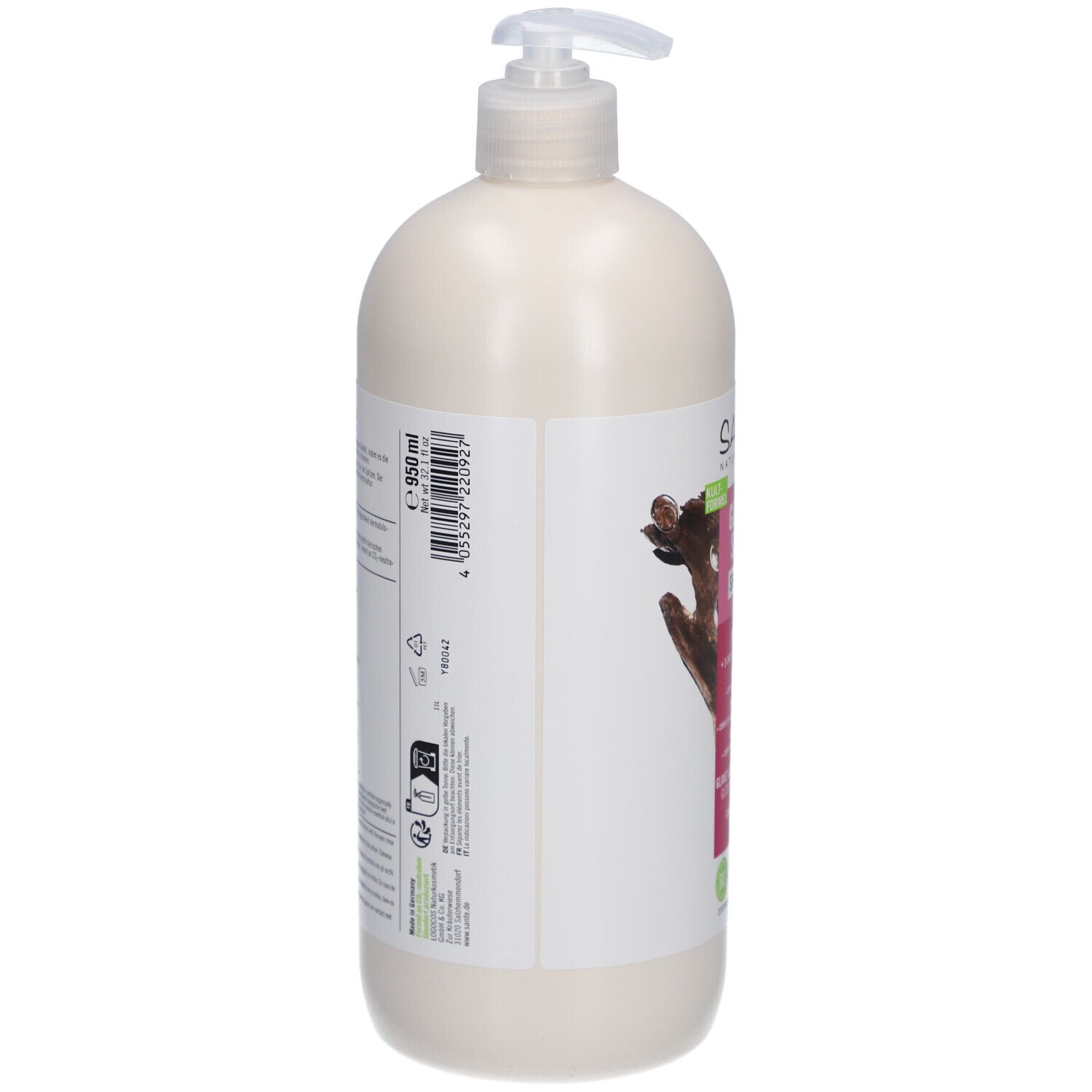 Flacon de shampooing beige avec pompe. Vue latérale avec étiquette et informations produit. Label Vegan visible.