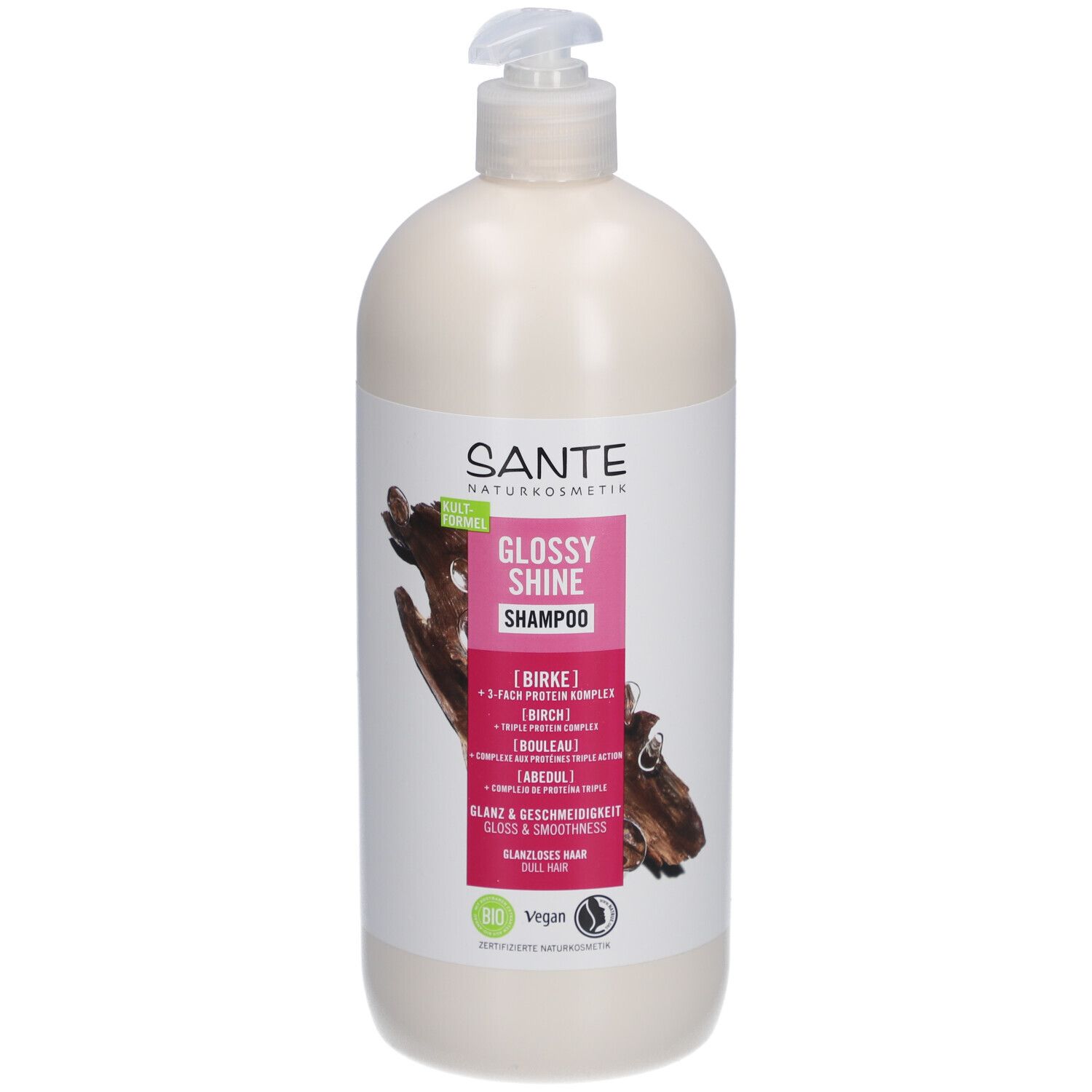 Flacon de shampooing beige avec pompe. Étiquette avec SANTE, GLOSSY SHINE Shampoo, extrait de bouleau et label Vegan.
