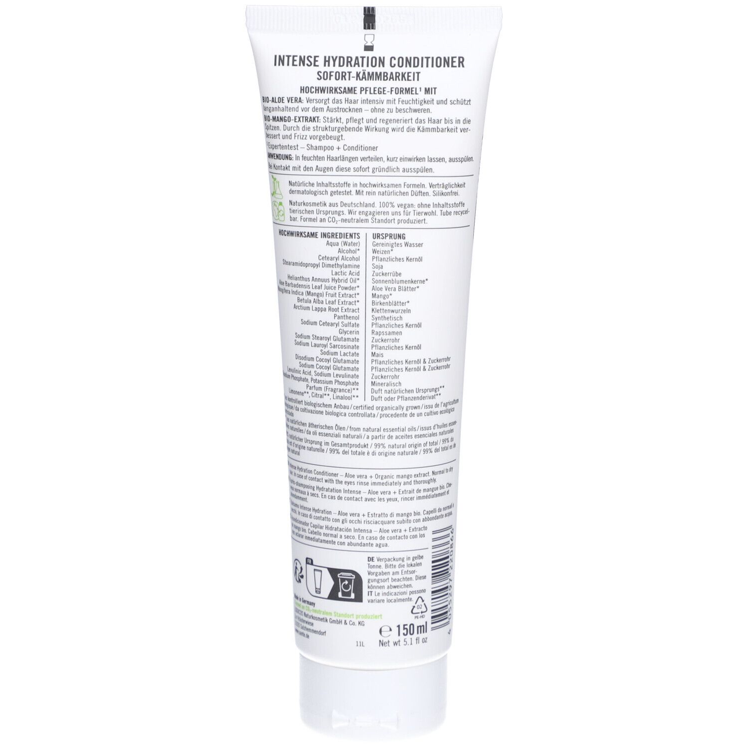 Dos du tube blanc SANTE INTENSE HYDRATION Conditioner. Texte avec ingrédients et instructions d'utilisation. Logo vegan.