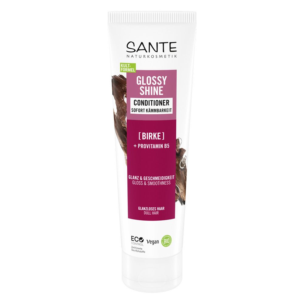 Tube blanc avec logo SANTE et nom du produit GLOSSY SHINE CONDITIONER. Contient de l'extrait de bouleau et de la provitamine B5. Label vegan.