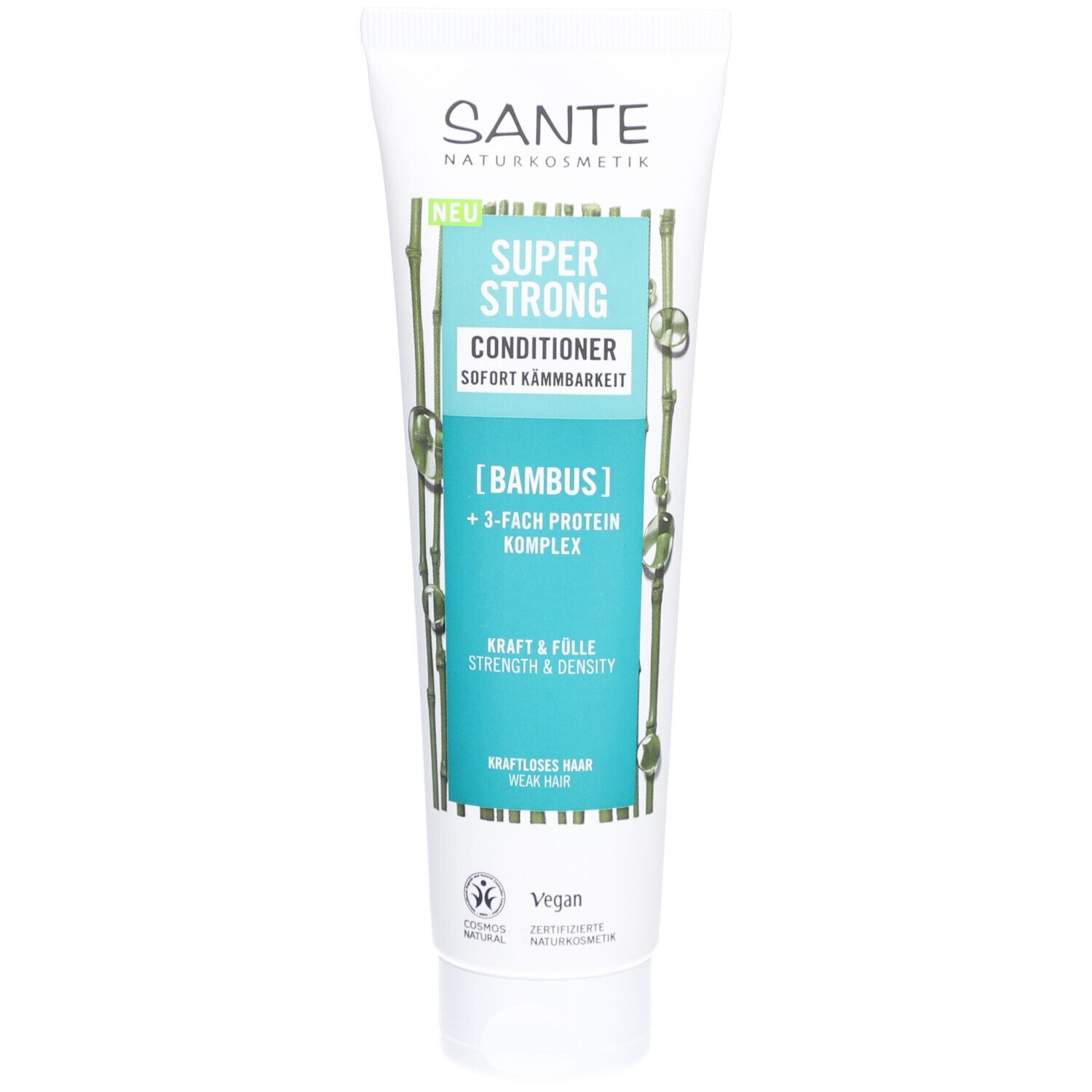 Witte tube met groen etiket. Opschrift: SANTE, Super Strong Conditioner, Bamboe, 3-voudig eiwitcomplex. Vegan.