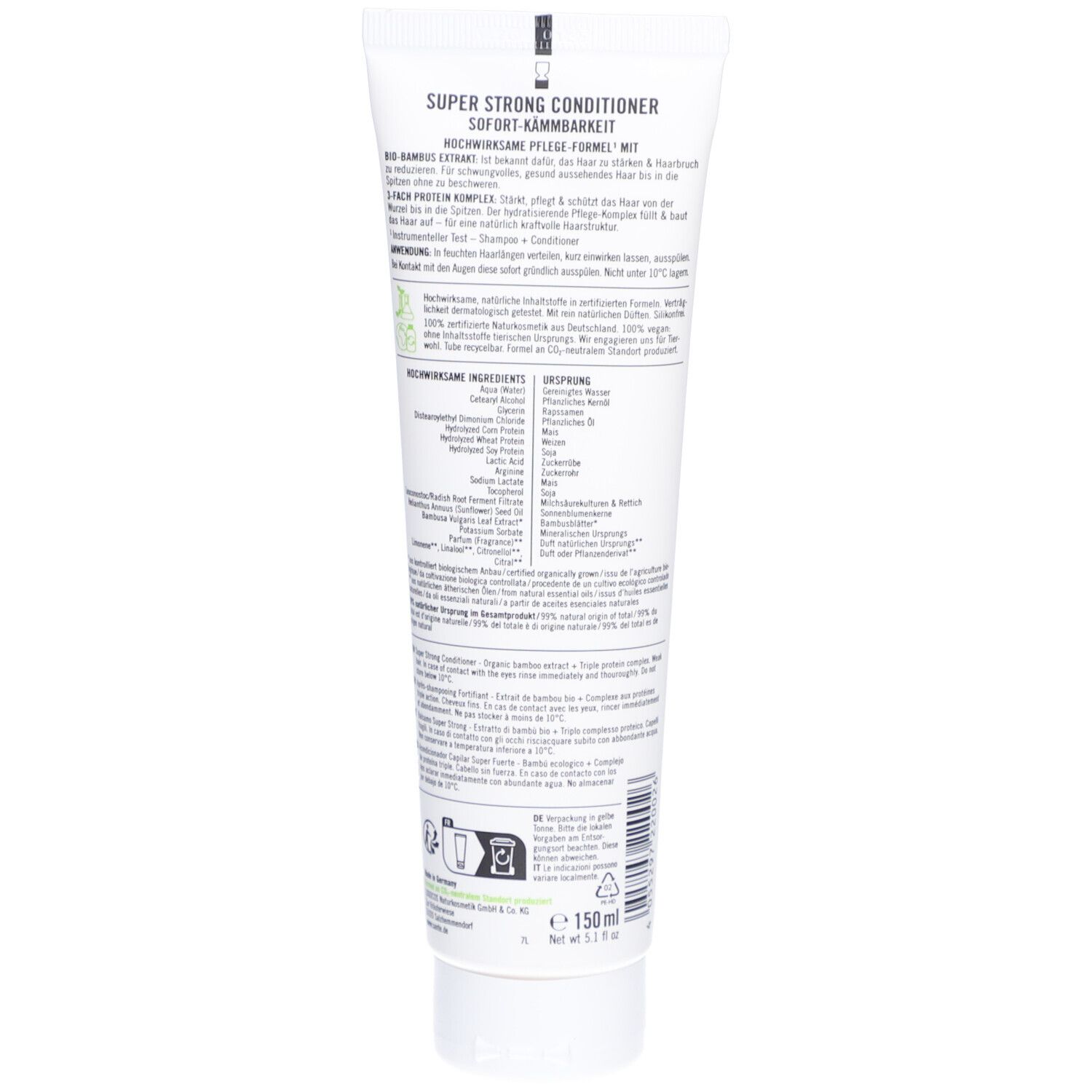 Achterkant van een witte tube. Tekst: Super Strong Conditioner, ingrediënten, 150 ml, vegan logo, bio keurmerk.