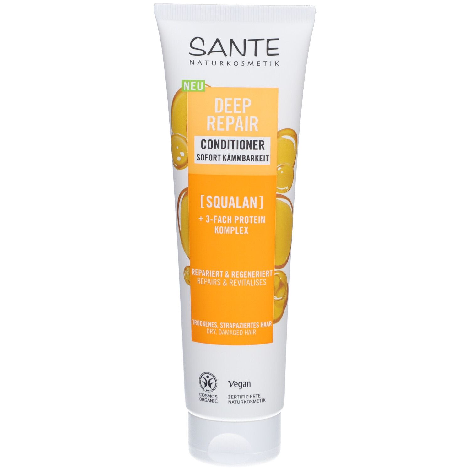 Tube blanc avec étiquette jaune. Inscription: DEEP REPAIR CONDITIONER. Label Vegan. Sante Naturkosmetik.