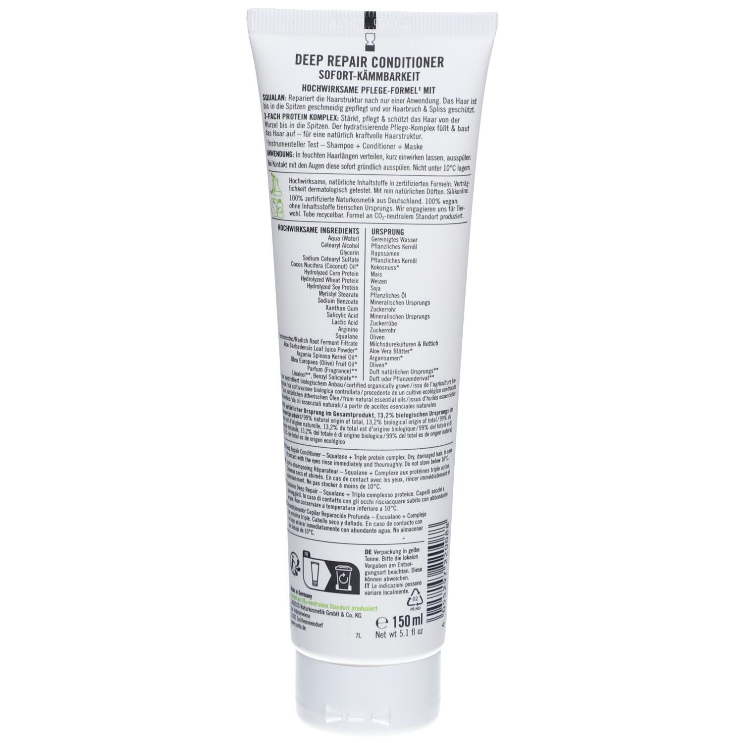 Dos du tube blanc. Texte en allemand. Label Vegan. Ingrédients. 150 ml.