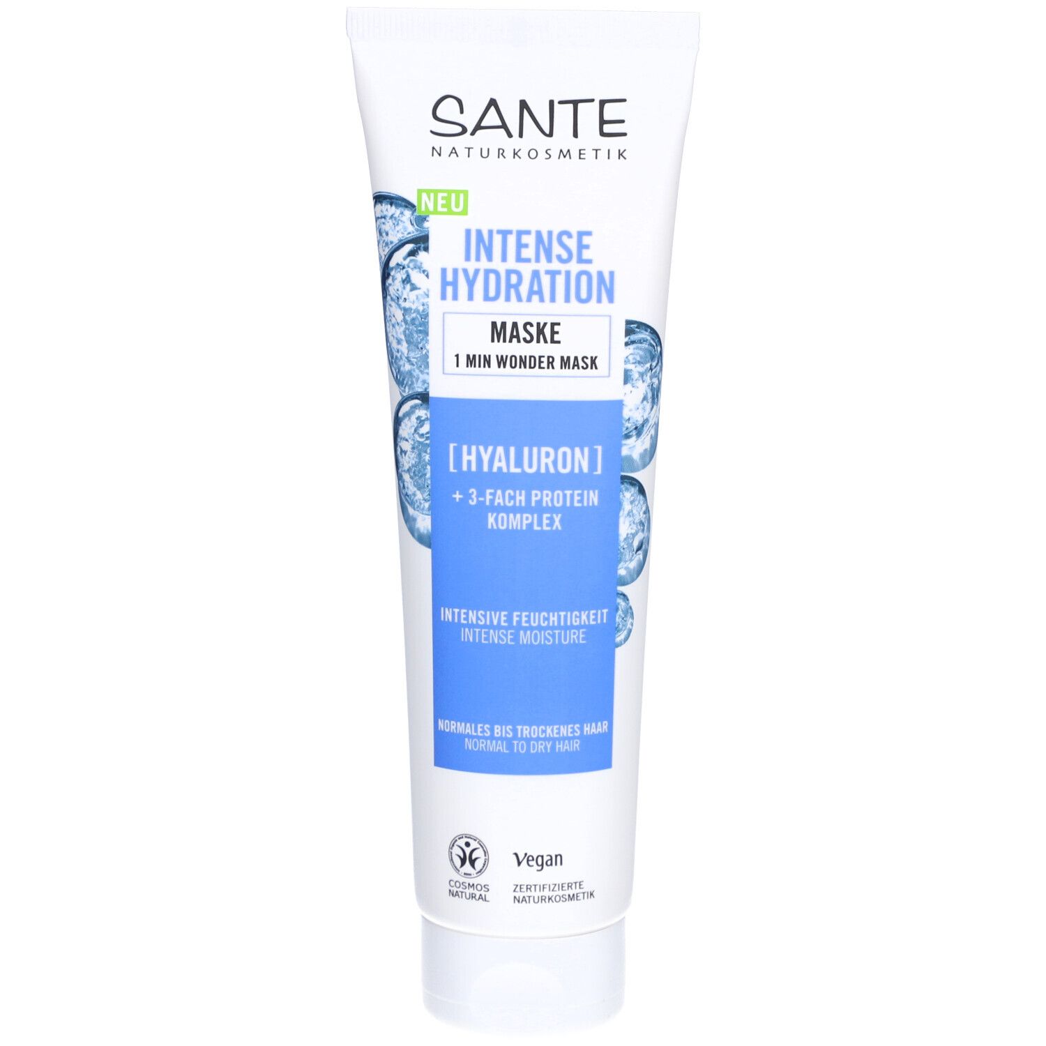 Tube blanc avec texte bleu. Contient SANTE, Intense Hydration, Maske, Hyaluron. Logo vegan.