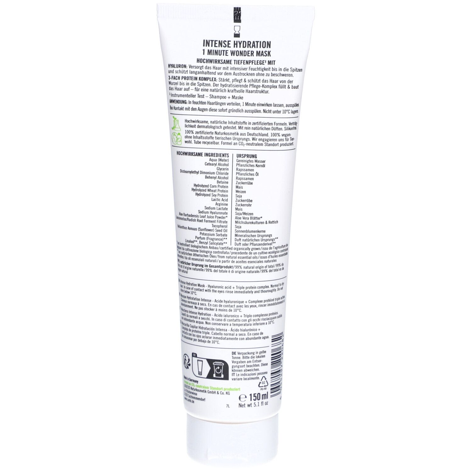 Dos du tube blanc. Contient texte, ingrédients, logo vegan et certifications.
