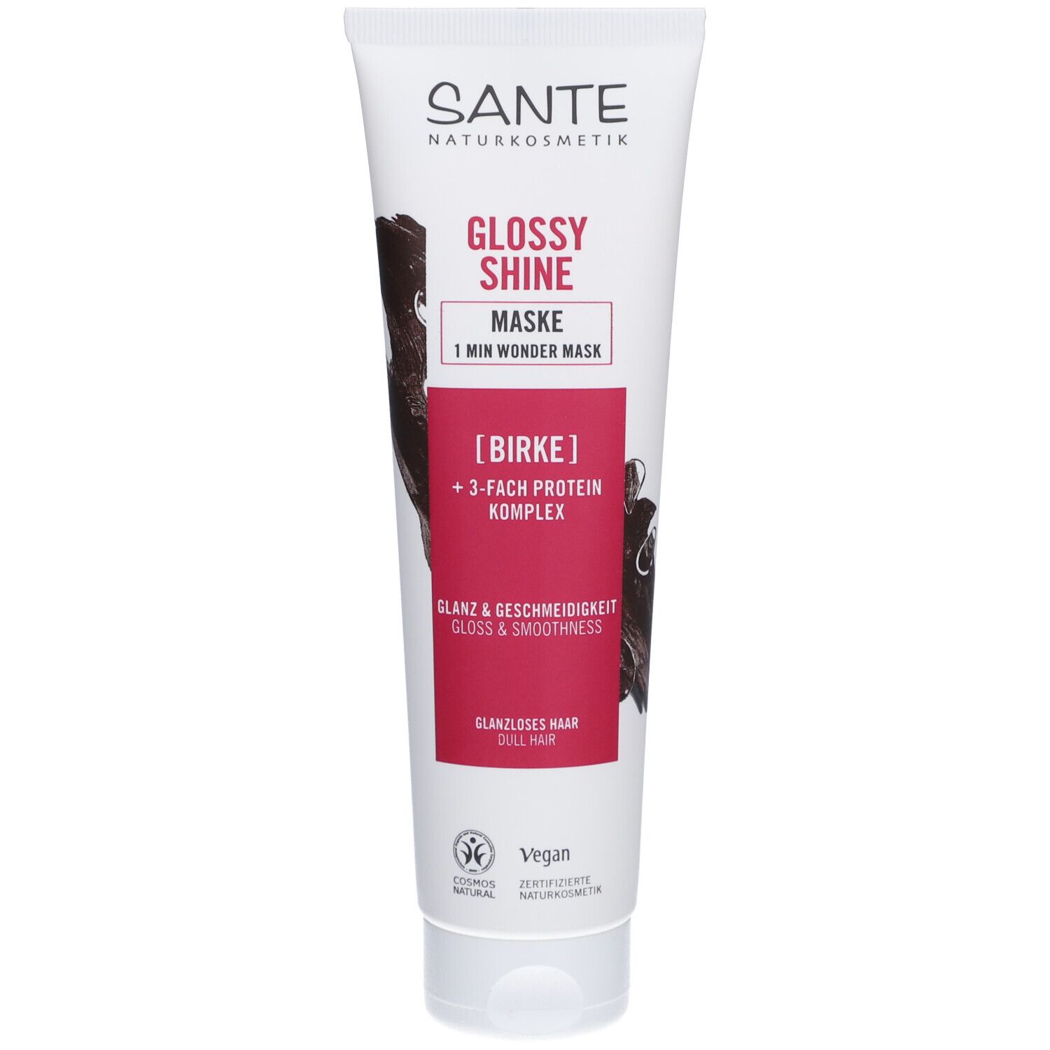 Tube blanche avec logo SANTE et nom du produit GLOSSY SHINE. Bande rouge avec texte. Label Vegan.