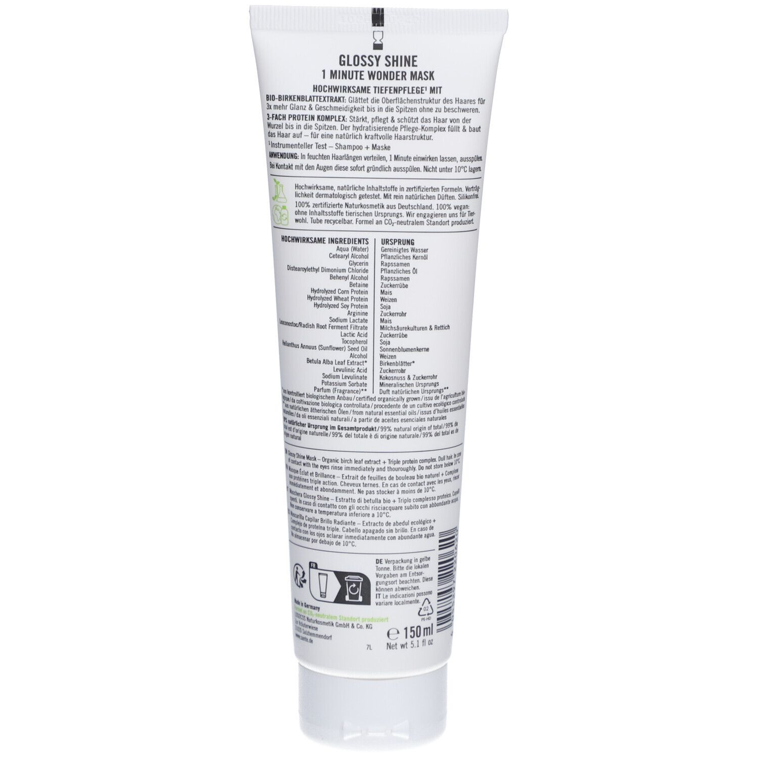 Dos du tube avec texte et liste des ingrédients. Label Vegan et indication du volume.