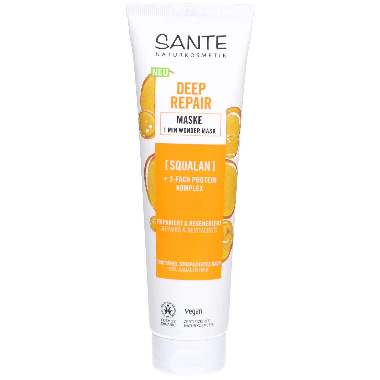 Tube blanche avec logo SANTE et texte "Deep Repair Maske". Éléments jaunes. Label Vegan.