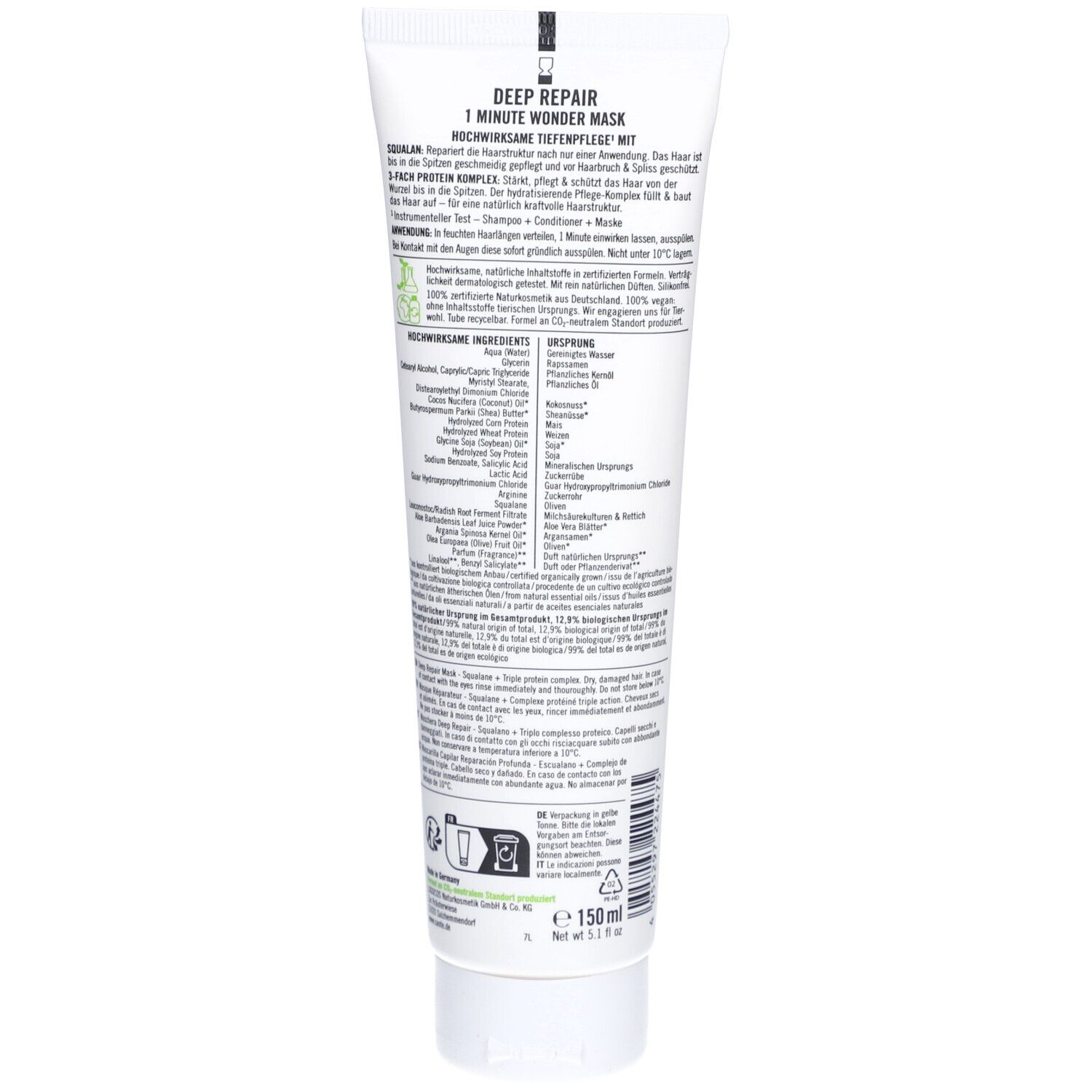 Dos du tube. Texte en allemand. Ingrédients et instructions. Label Vegan.