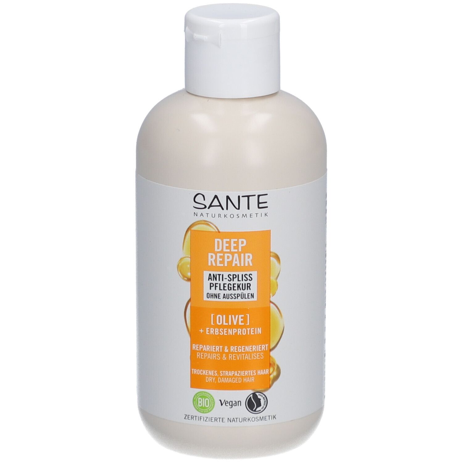 Beige fles met witte dop. Etiket met productinformatie en logo.