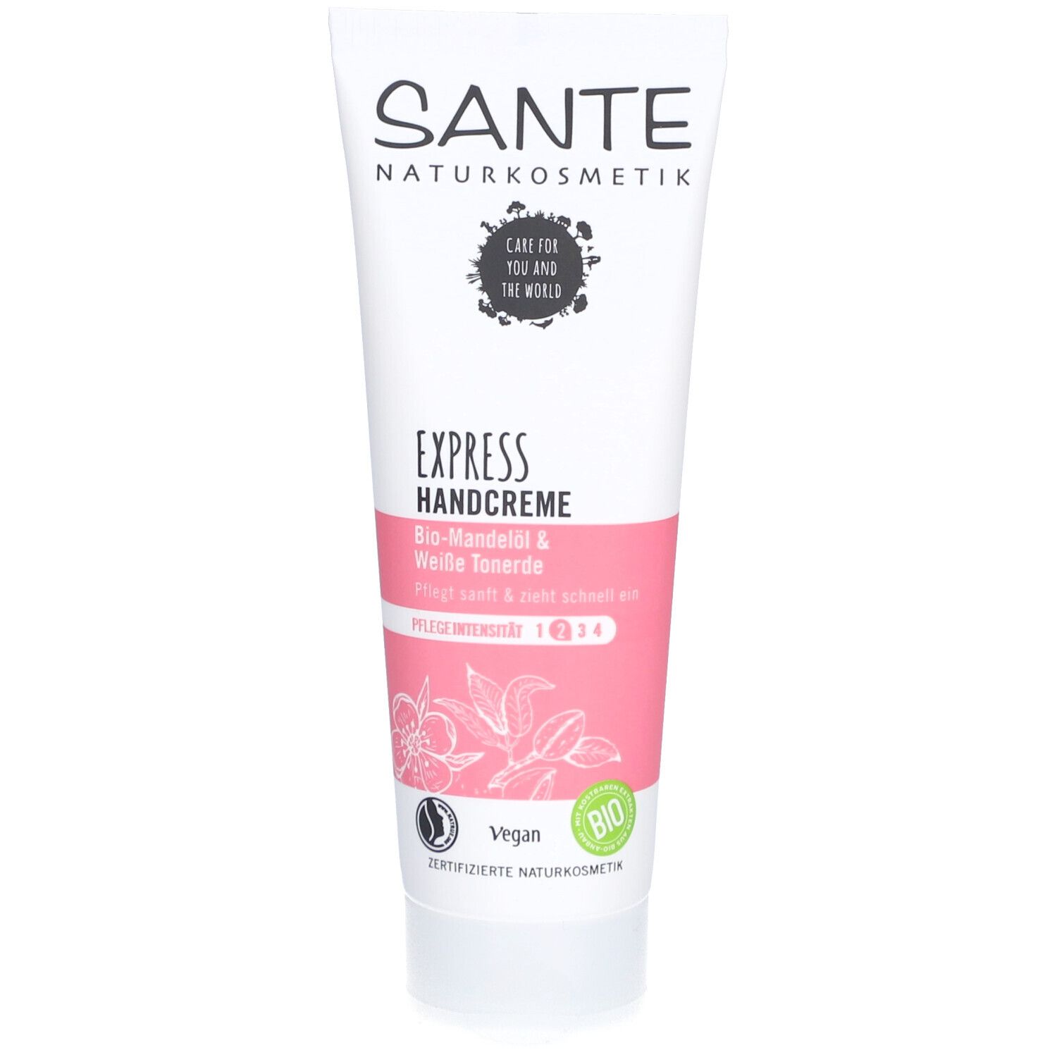 Witte tube met roze band. Opschrift: SANTE EXPRESS Handcrème. Bio-amandelolie & witte klei. Vegan-zegel en bio-logo.