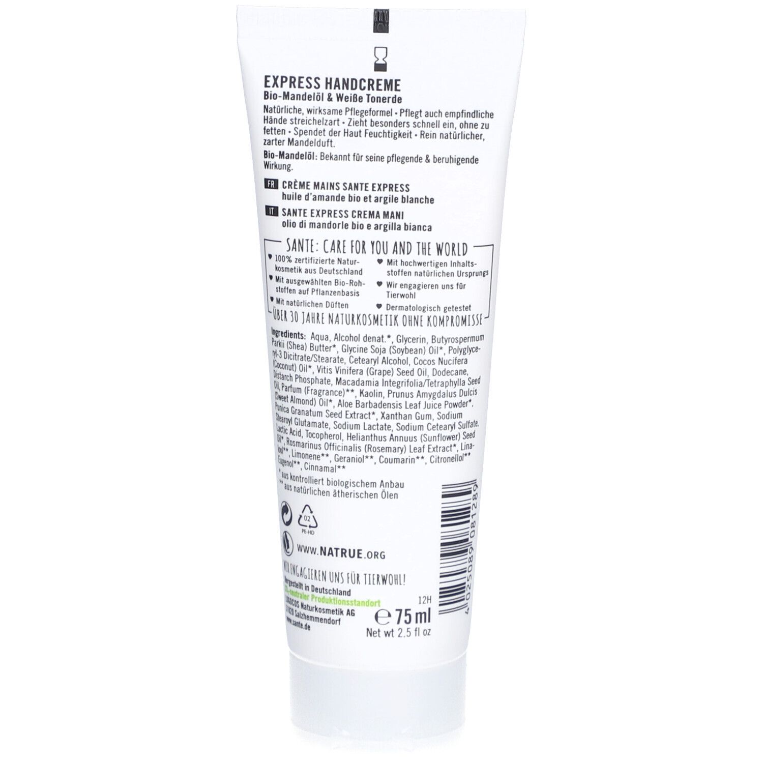 Achterkant van de tube. Tekst: HANDCRÈME EXPRESS. Ingrediënten, NATRUE-logo, Vegan-zegel. Volume: 75ml.