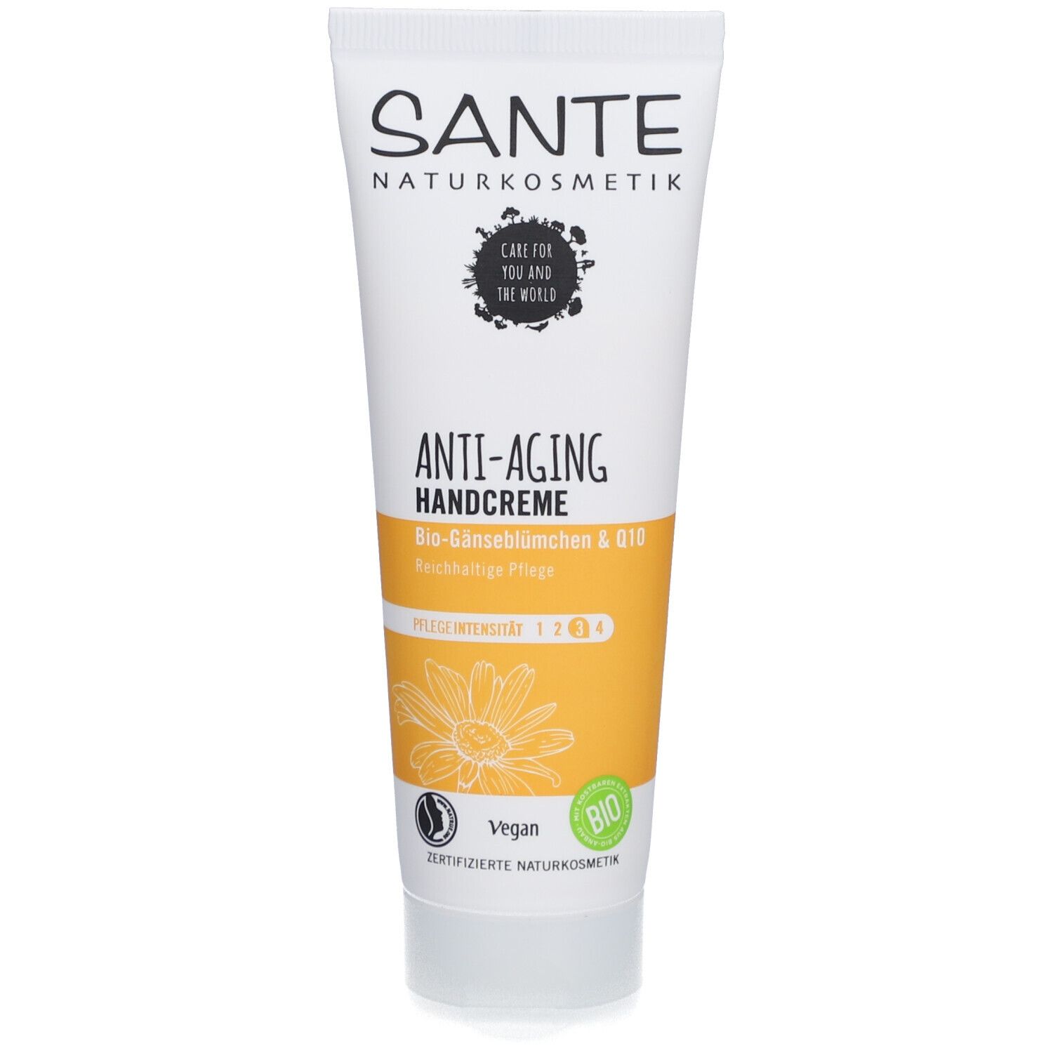 Tube blanche SANTE Anti-Aging Handcreme avec Q10. Inscription : Anti-Aging Handcreme, Bio-Gänseblümchen & Q10. Vegan, label bio.