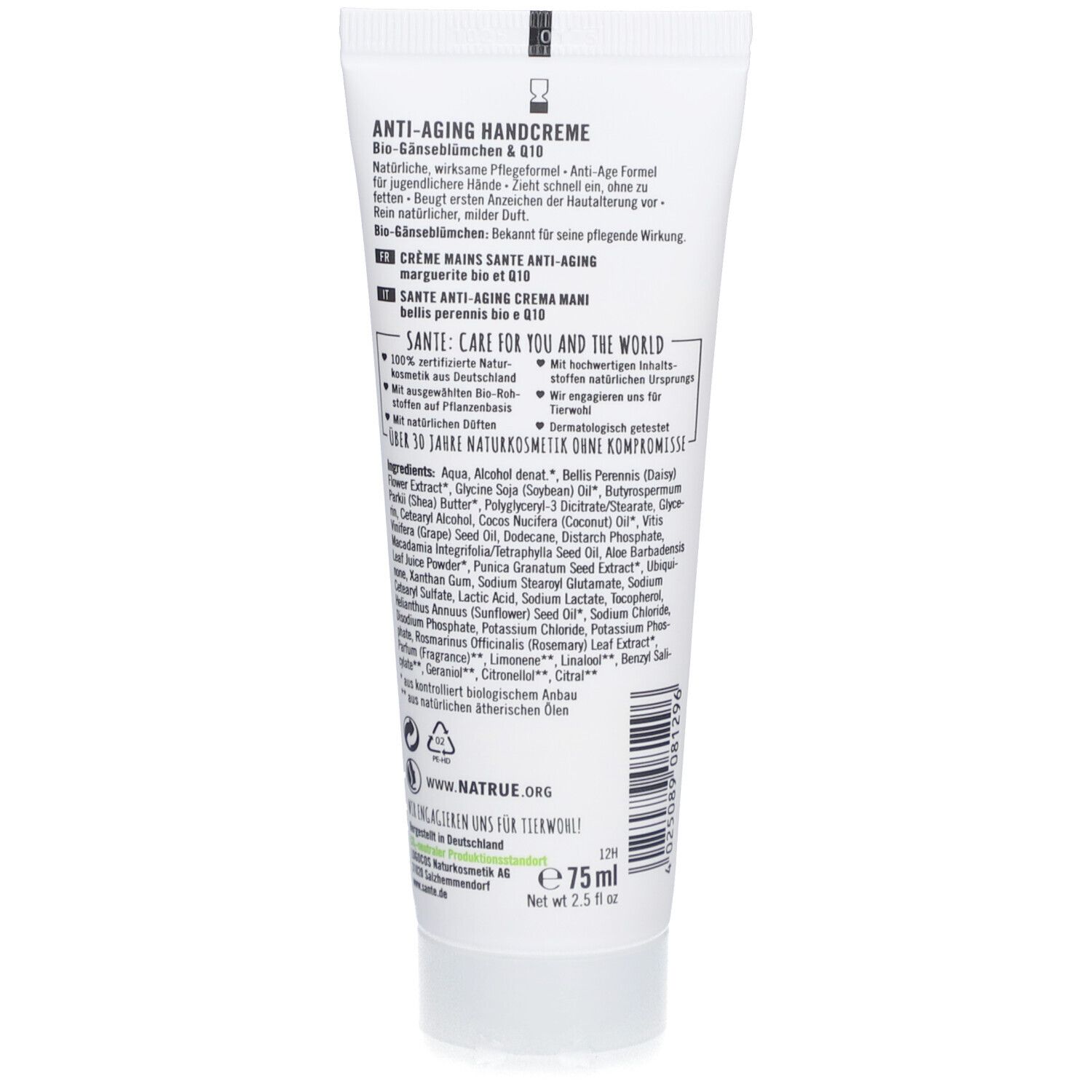 Dos du tube SANTE Anti-Aging Handcreme. Texte avec ingrédients et informations. Label Natrue et 75ml.