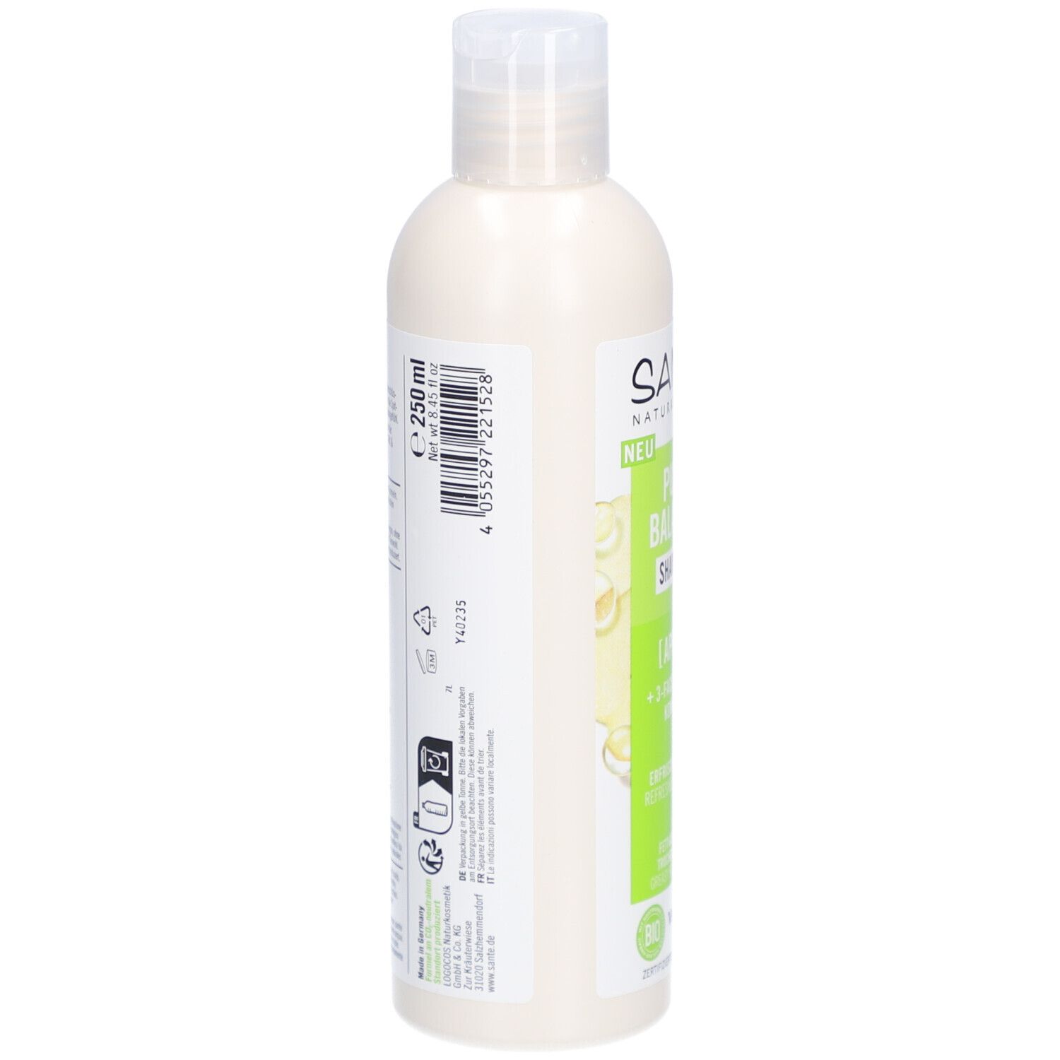 Dos du flacon de shampooing SANTE Pure Balance. Contient des informations, un code-barres, des ingrédients et un symbole de recyclage.
