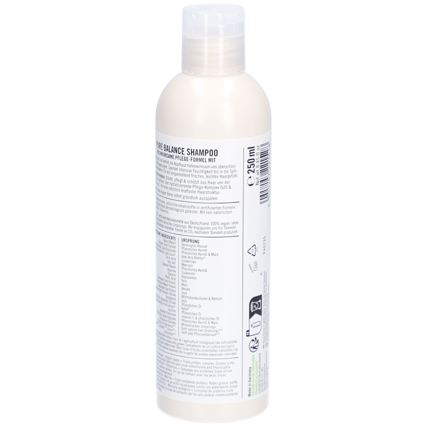 Dos du flacon de shampooing SANTE Pure Balance. Contient des informations, des ingrédients et un symbole de recyclage.