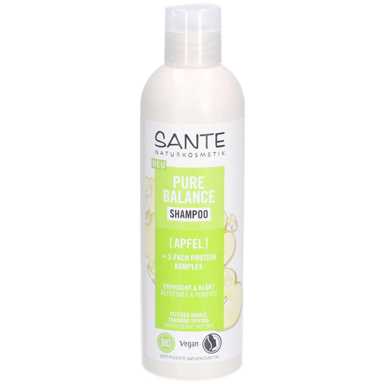 Shampooing SANTE Pure Balance, pomme, flacon de 250 ml. Étiquette verte et blanche avec informations et label bio.