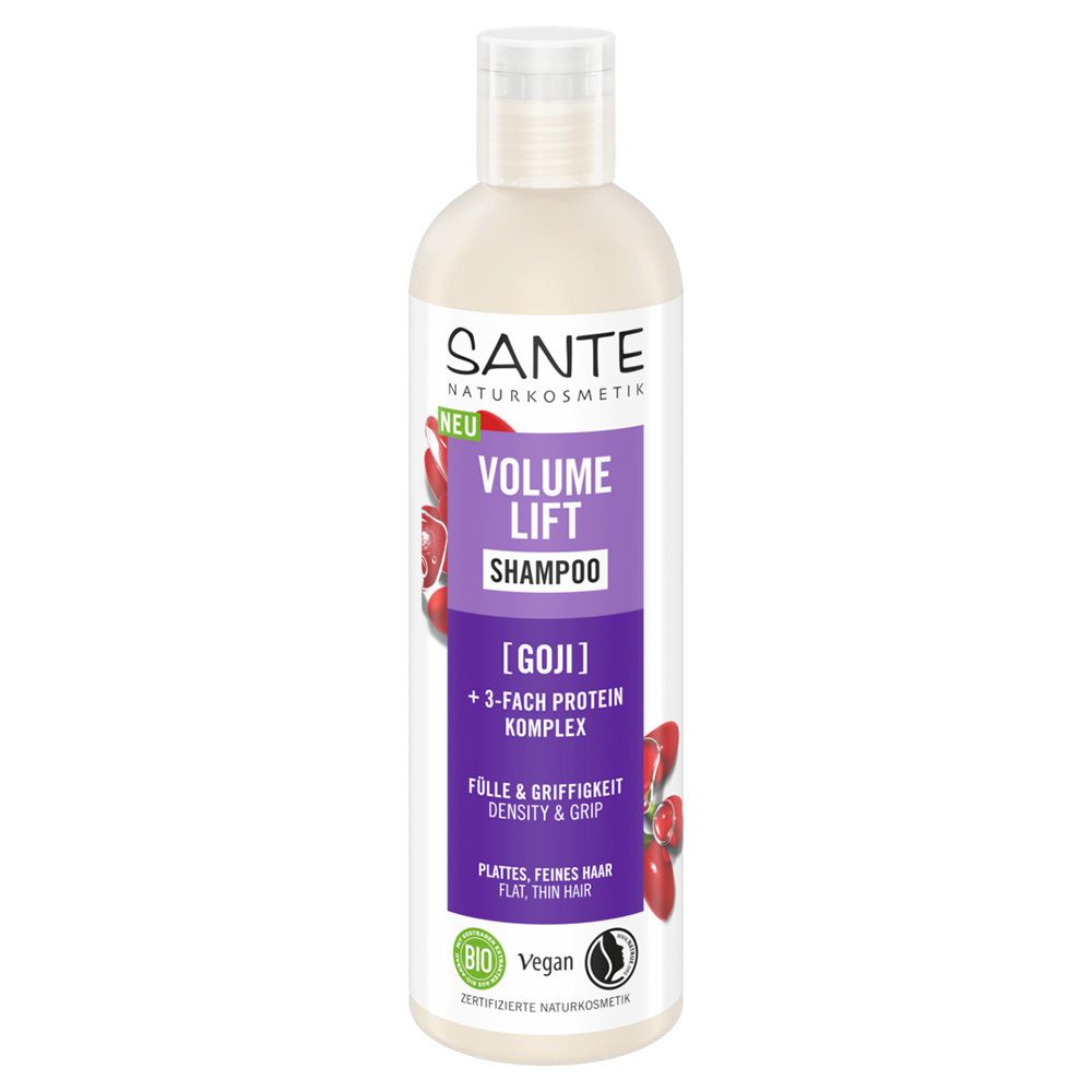 Shampoo SANTE Volume Lift, flacon blanc avec étiquette violette. Illustration de baies de goji. Vegan, label bio.