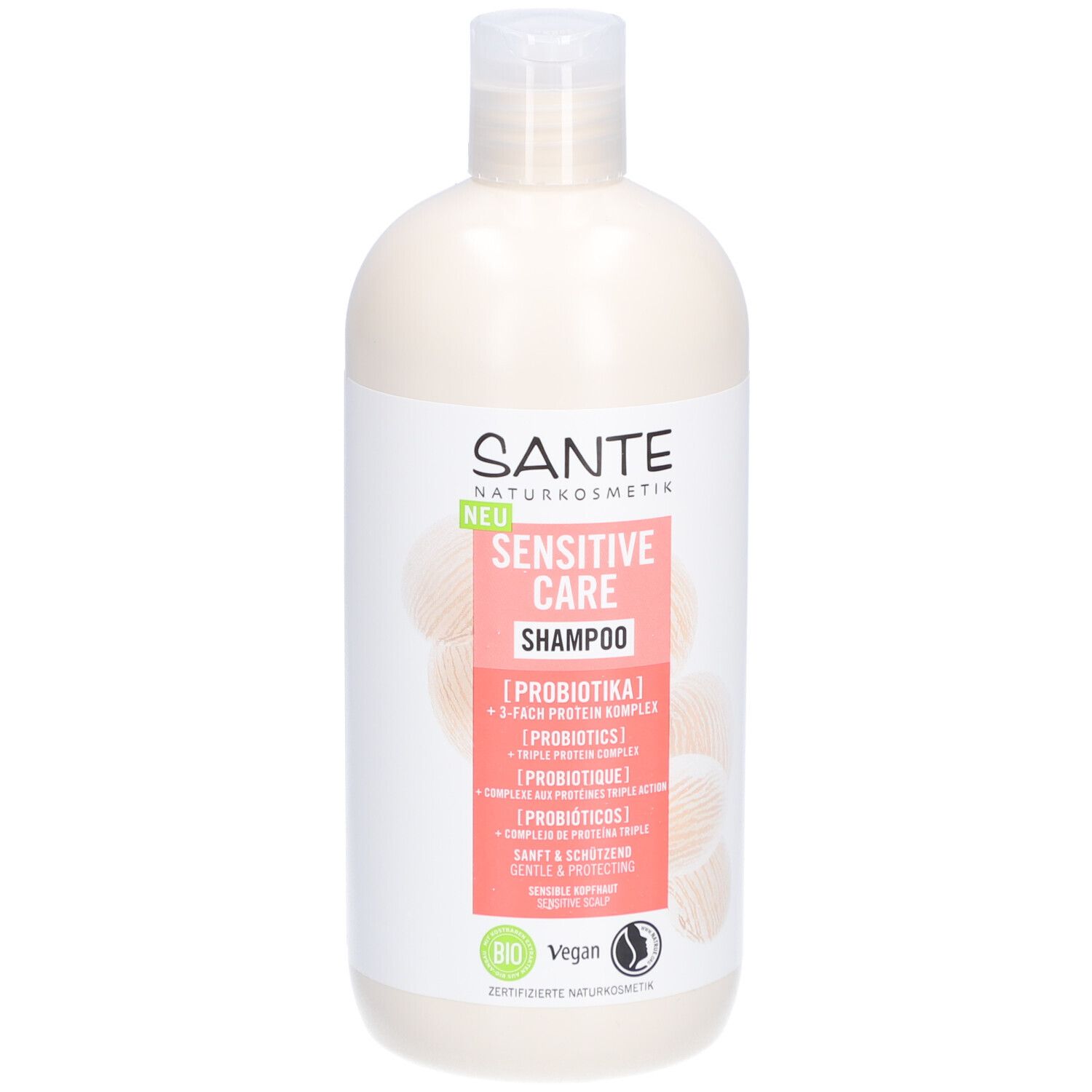 Beige shampoo fles met witte dop. Opschrift: SANTE Sensitive Care Shampoo. Met Bio-keurmerk en Vegan-logo.
