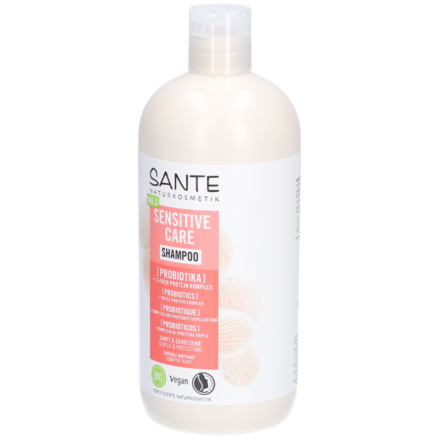 Beige shampoo fles met witte dop. Opschrift: SANTE Sensitive Care Shampoo. Met Bio-keurmerk en Vegan-logo.
