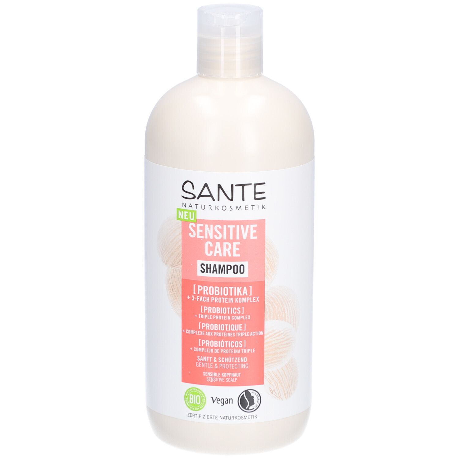 Beige shampoo fles met witte dop. Opschrift: SANTE Sensitive Care Shampoo. Met Bio-keurmerk en Vegan-logo.