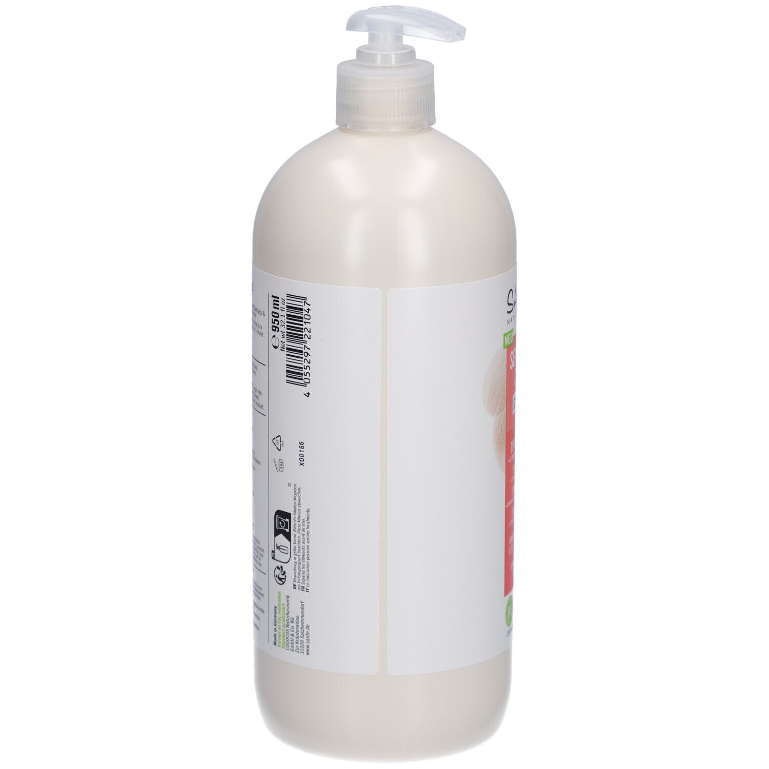 Flacon de shampooing beige avec pompe. Dos avec texte et logos. Label vegan et code-barres.