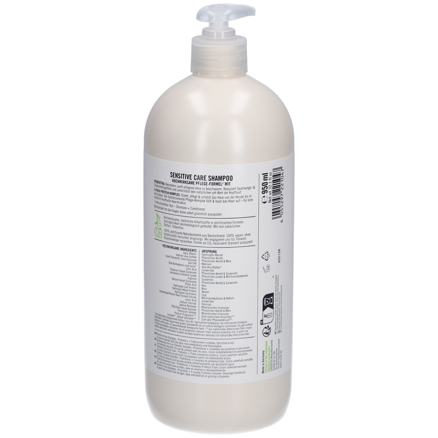 Flacon de shampooing beige avec pompe. Dos avec texte, ingrédients et logos. Label bio.