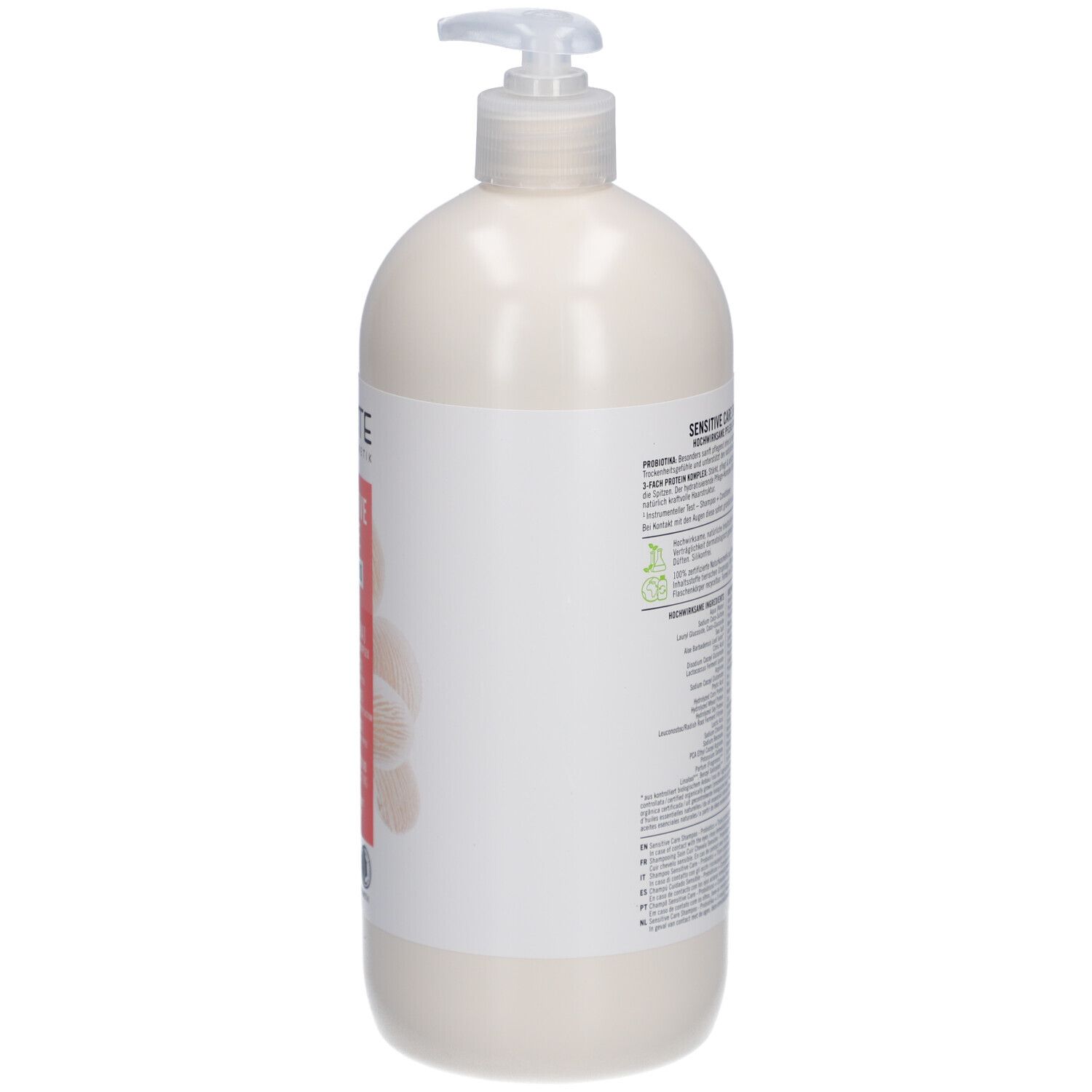 Flacon de shampooing beige avec pompe. Dos avec texte et logos. Label vegan.