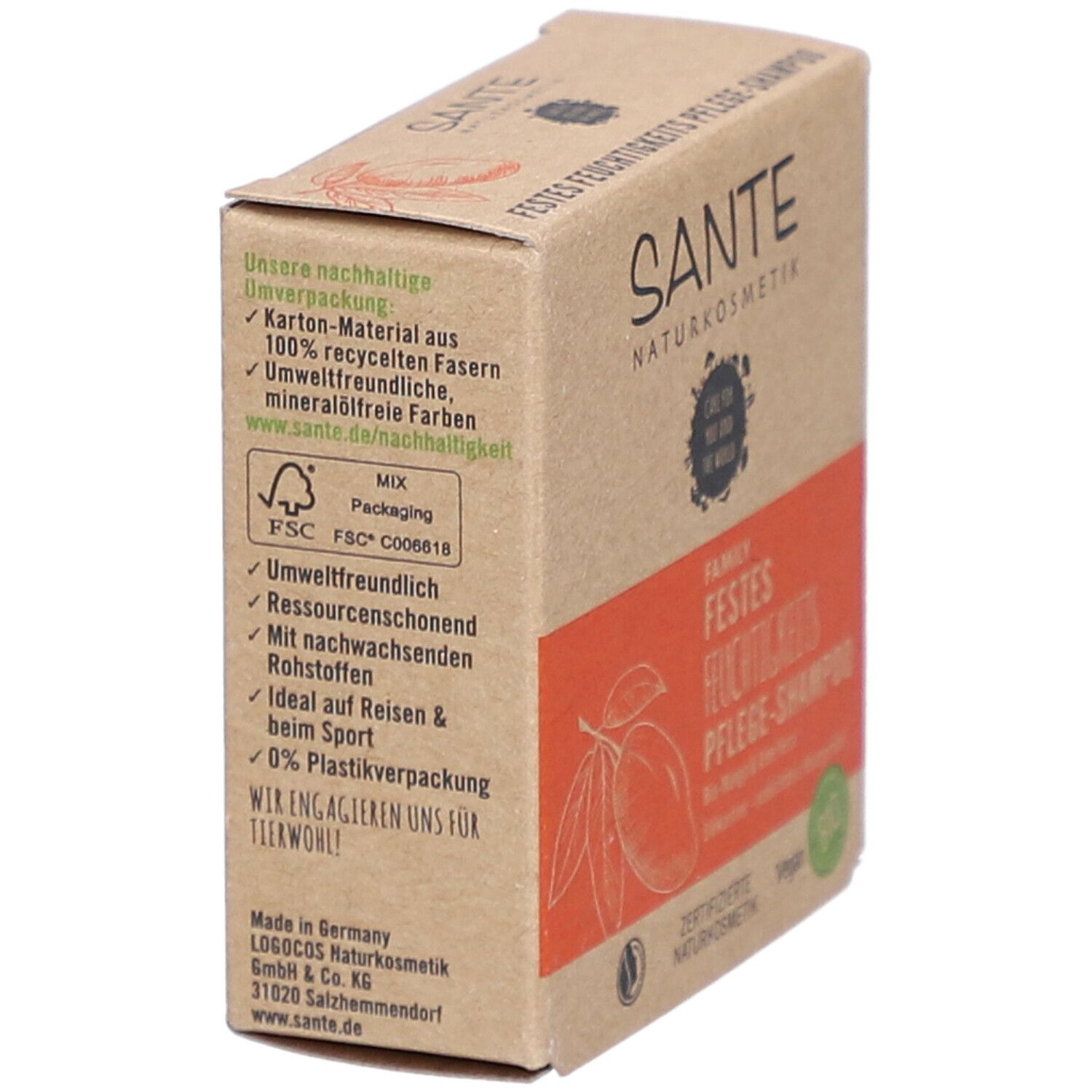 Emballage en carton recyclé. Texte sur la durabilité et 0% plastique. Label FSC et logo.