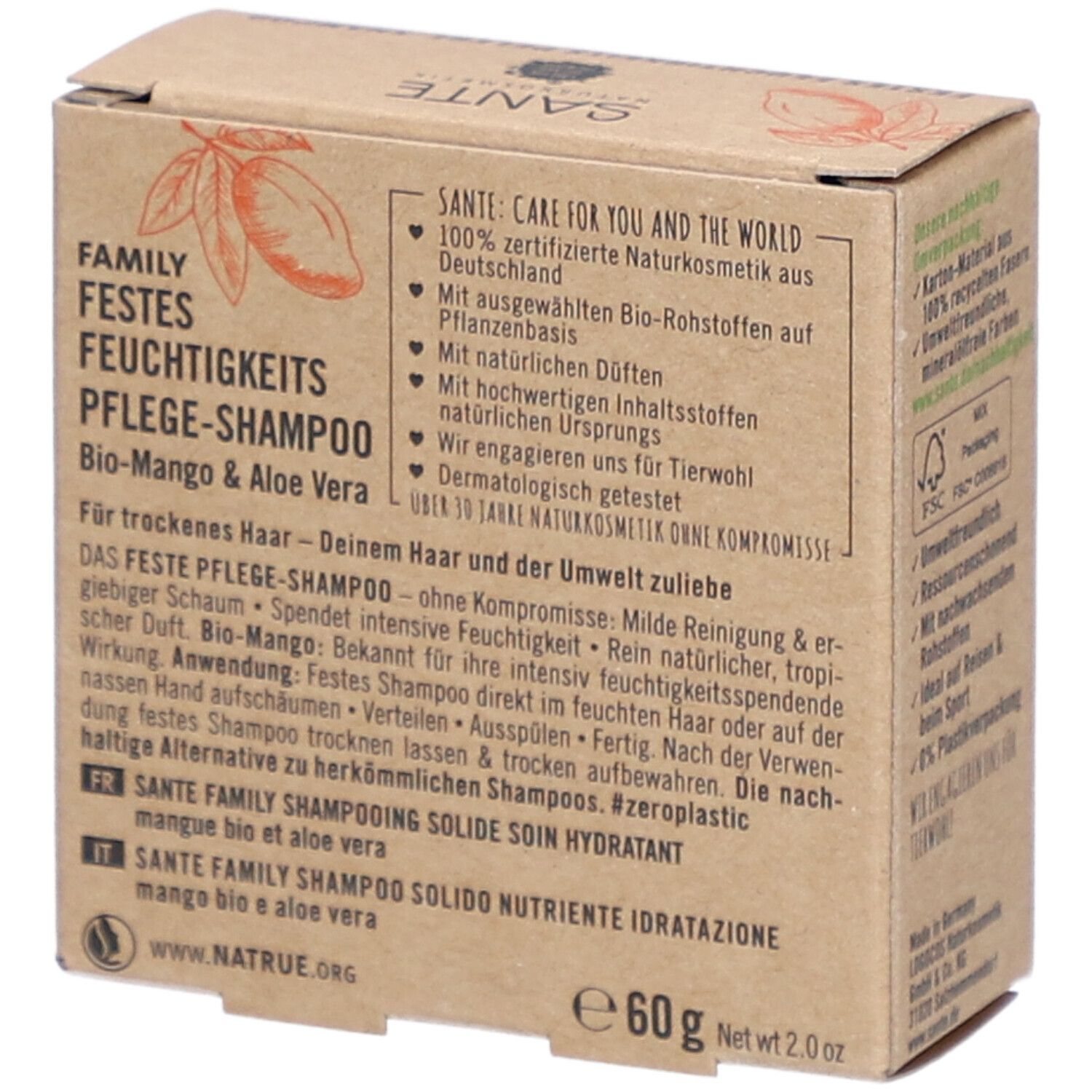 Boîte avec informations produit. Logo SANTE, nom du produit, ingrédients. Certification Bio et poids.
