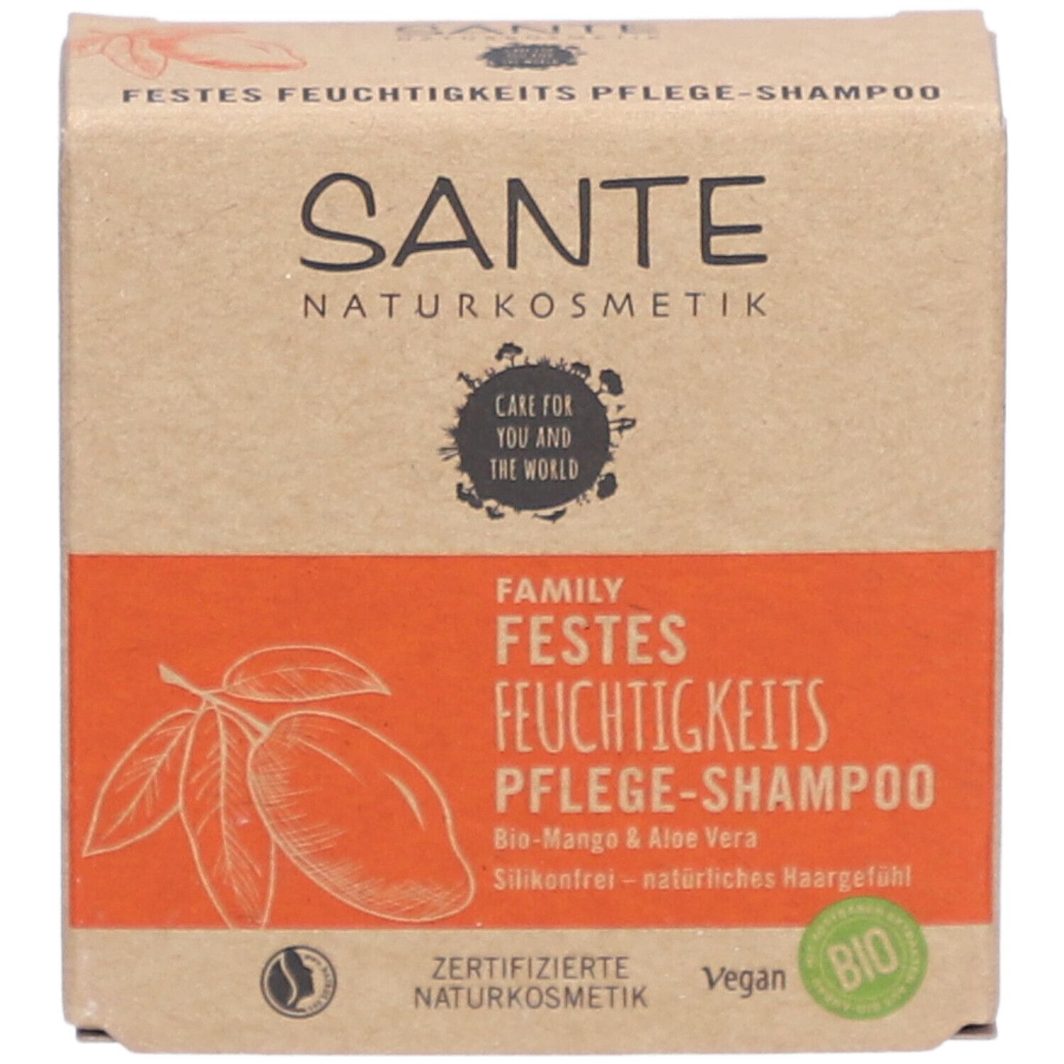 Emballage en carton SANTE. Texte et illustration de mangue sur fond orange. Labels Vegan et Bio.
