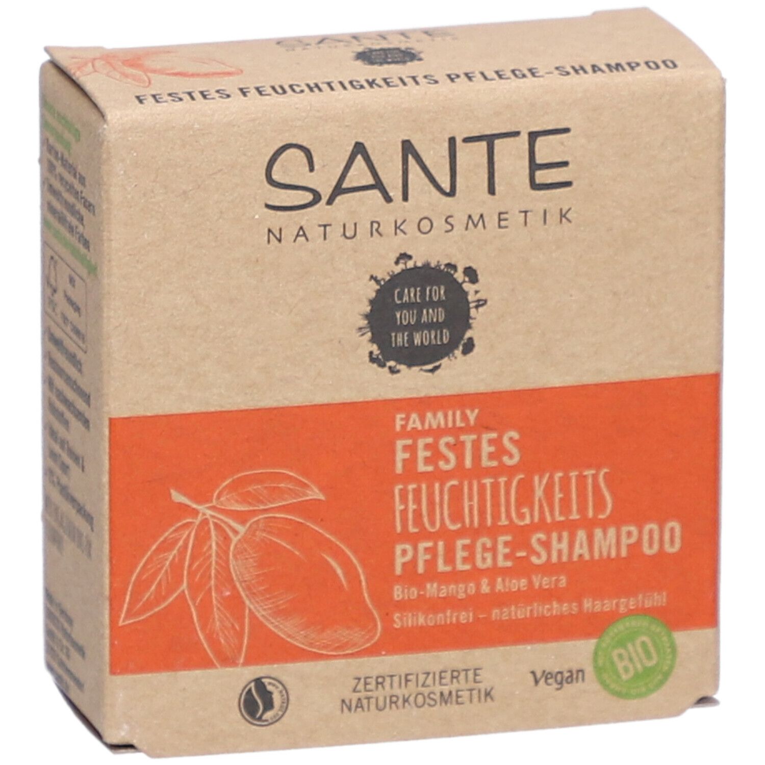 Emballage en carton SANTE. Texte et illustration de mangue sur fond orange. Labels Vegan et Bio.