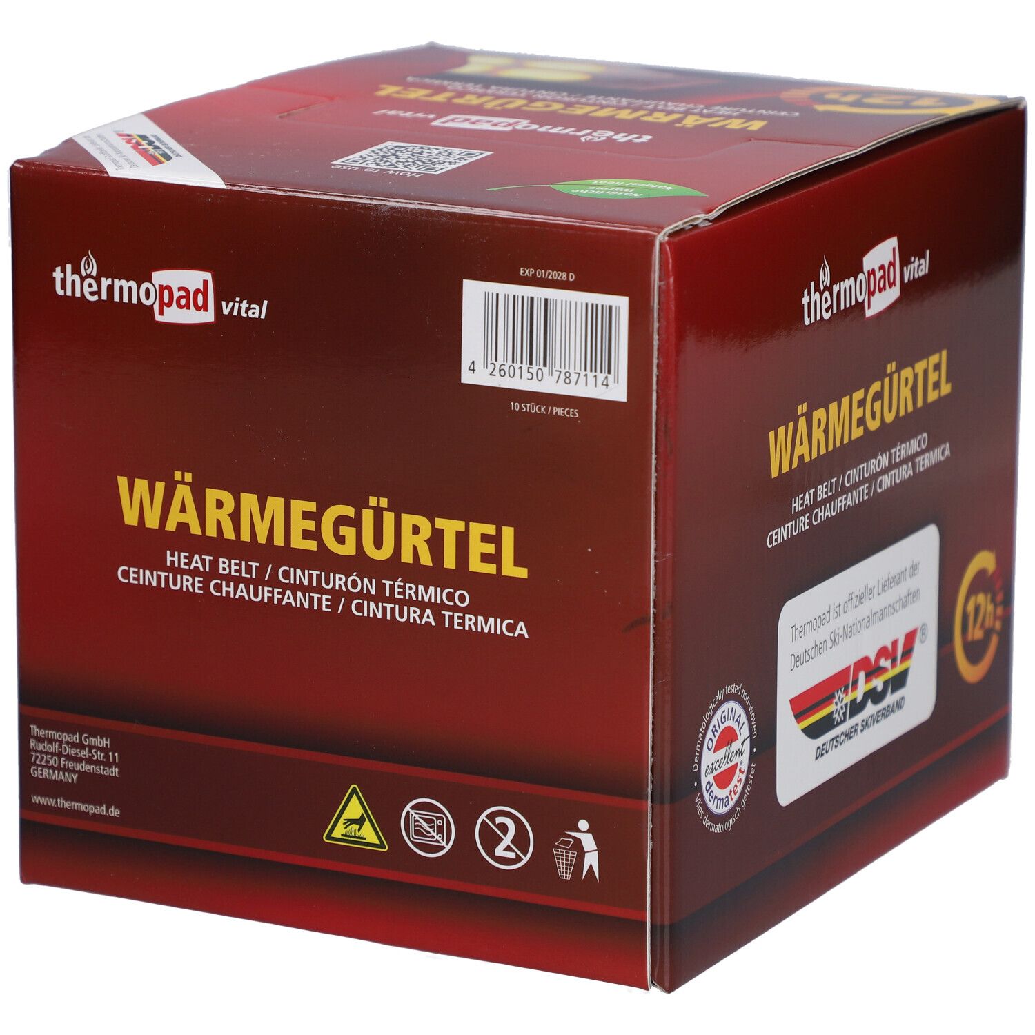 Boîte marron thermopad® vital Wärmegürtel. Inscriptions : Wärmegürtel, Heat Belt, 12h, avertissements, code-barres.