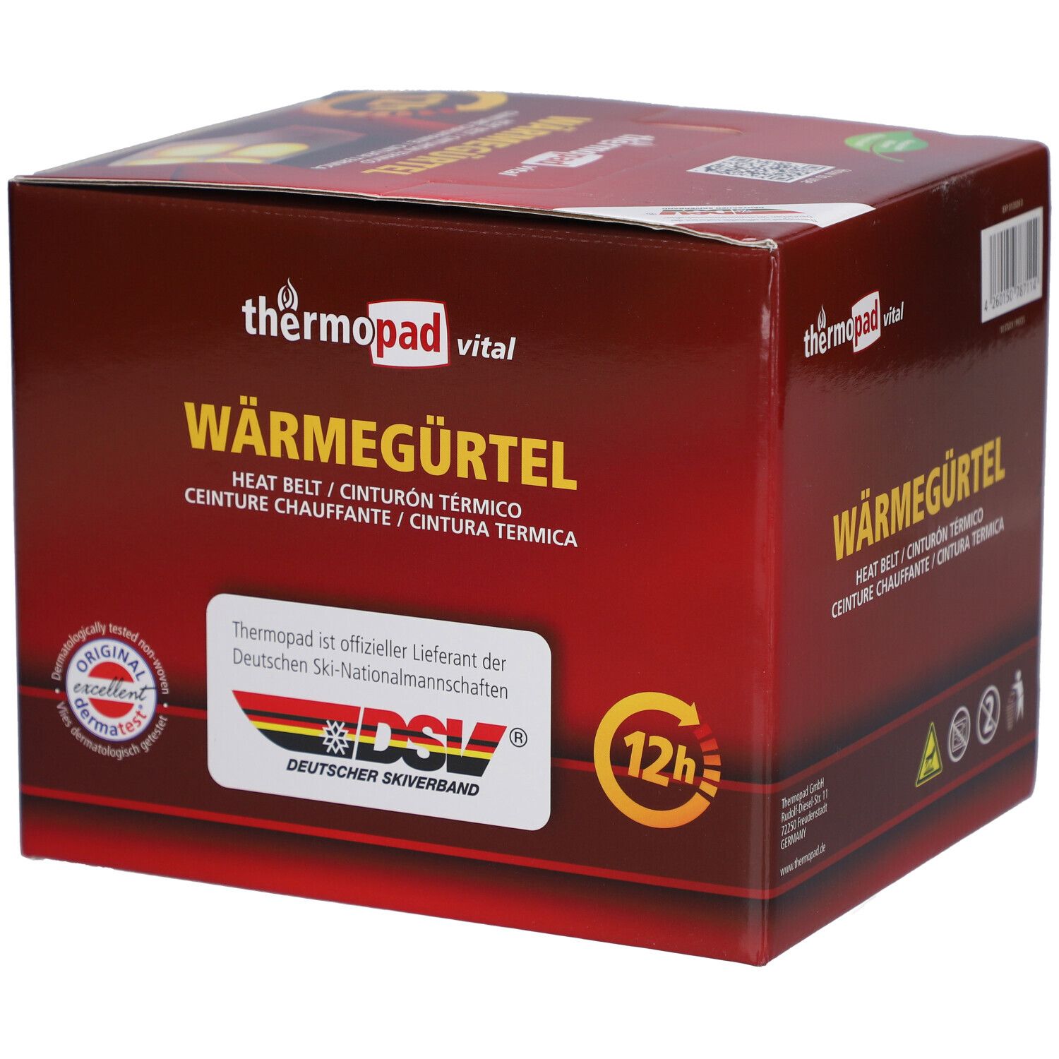 Boîte marron thermopad® vital Wärmegürtel. Inscriptions : Wärmegürtel, Heat Belt, 12h, DSV, Original.