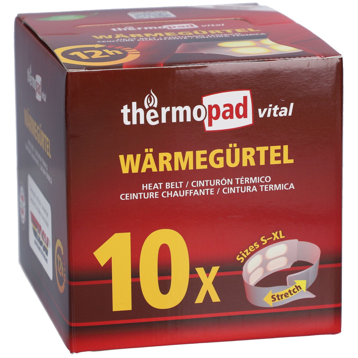 Boîte marron thermopad® vital Wärmegürtel. 10 pièces, tailles S-XL. Inscriptions : Wärmegürtel, Heat Belt, 12h.