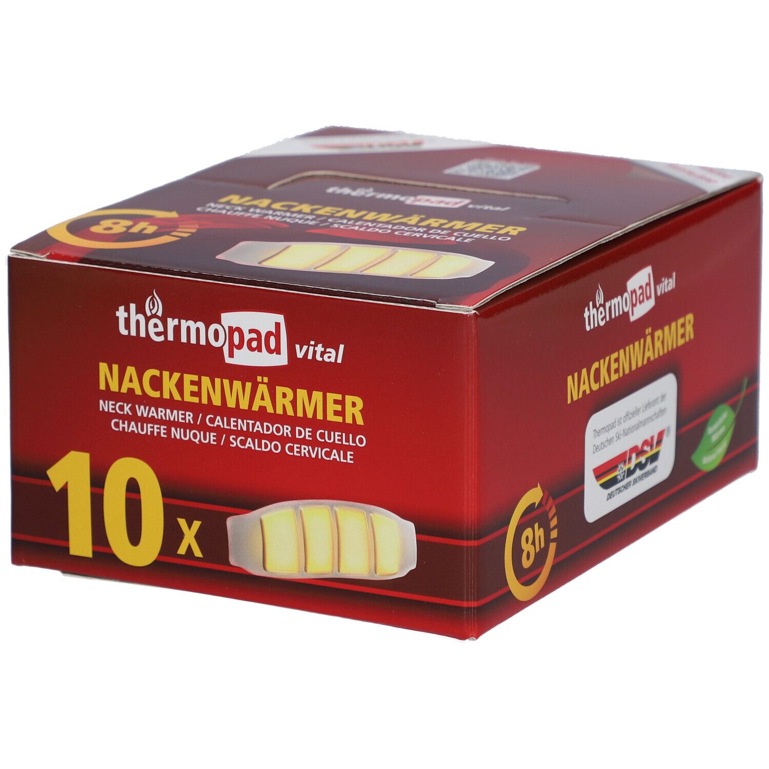 Verpakking van thermopad® Nackenwärmer. Rode doos met productafbeelding en tekst. Bevat 10 stuks.