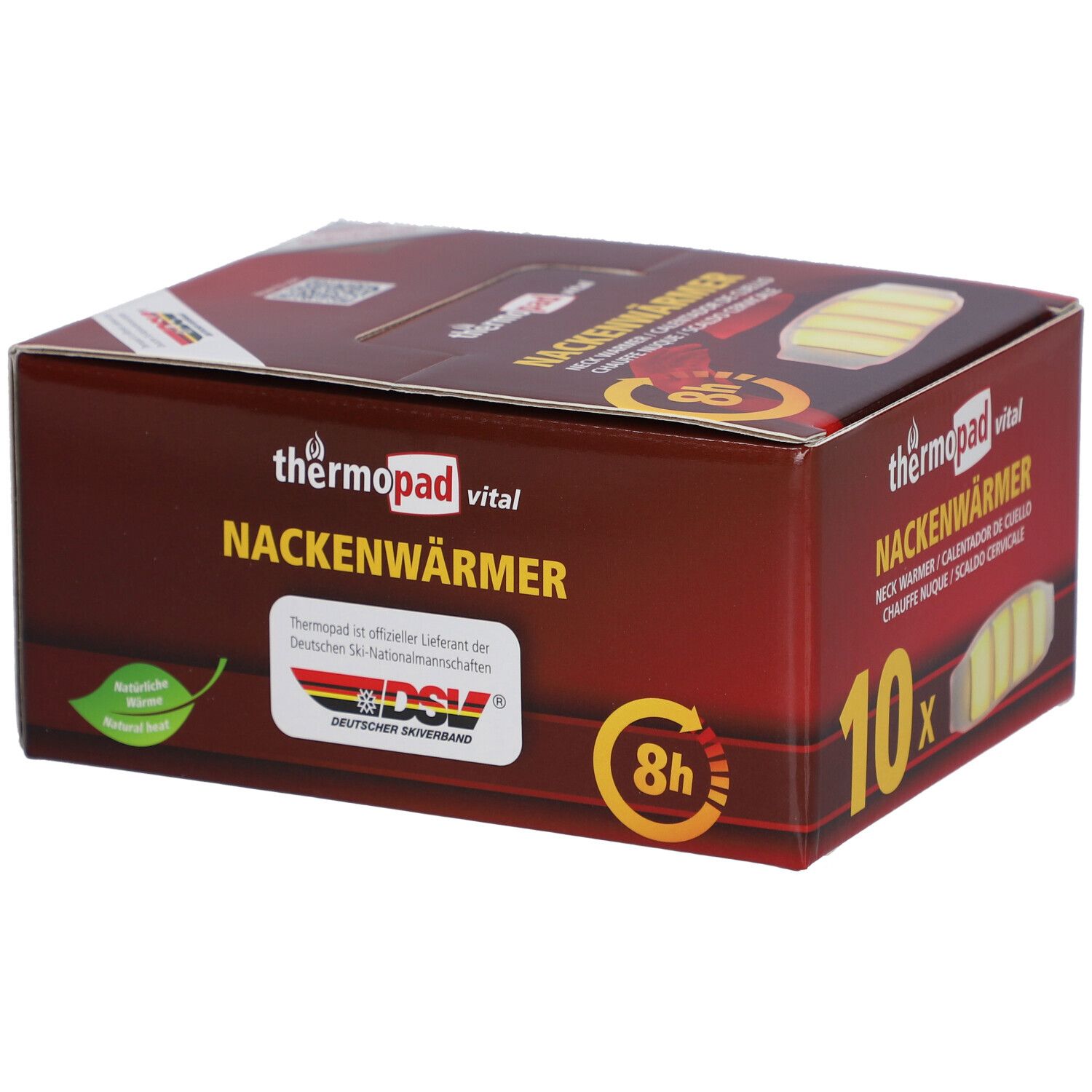 Verpakking van thermopad® Nackenwärmer. Rode doos met productafbeelding en tekst. Bevat 10 stuks.