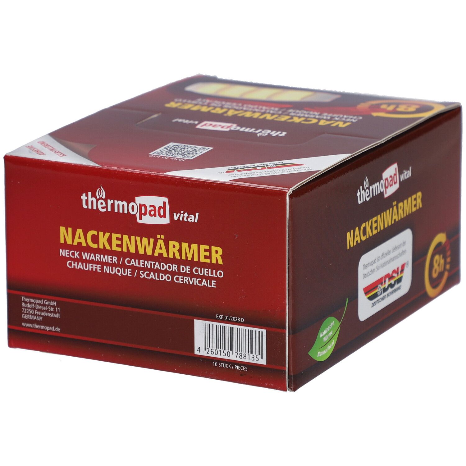 Verpakking van thermopad® Nackenwärmer. Rode doos met productafbeelding en tekst. Bevat 10 stuks.