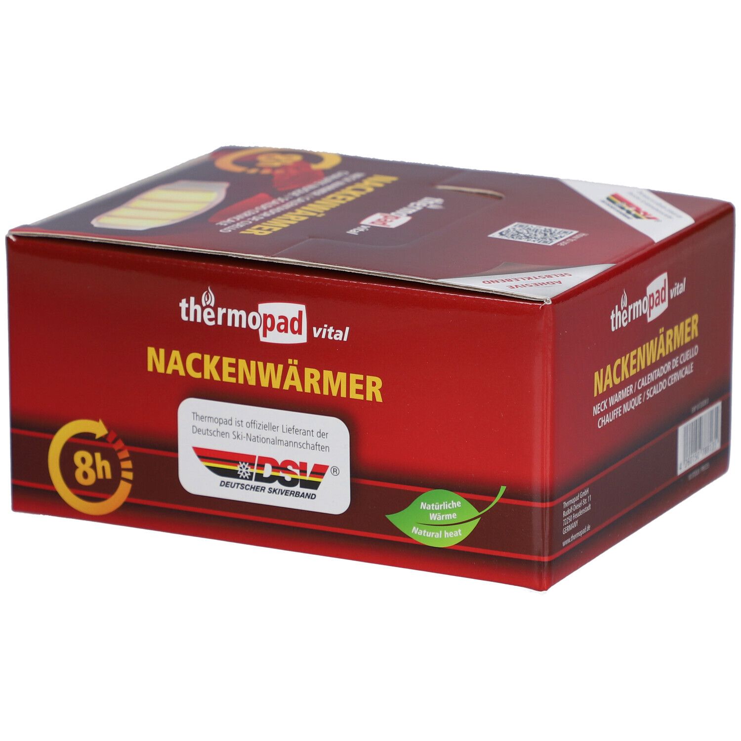 Verpakking van thermopad® Nackenwärmer. Rode doos met productafbeelding en tekst. Bevat 10 stuks.