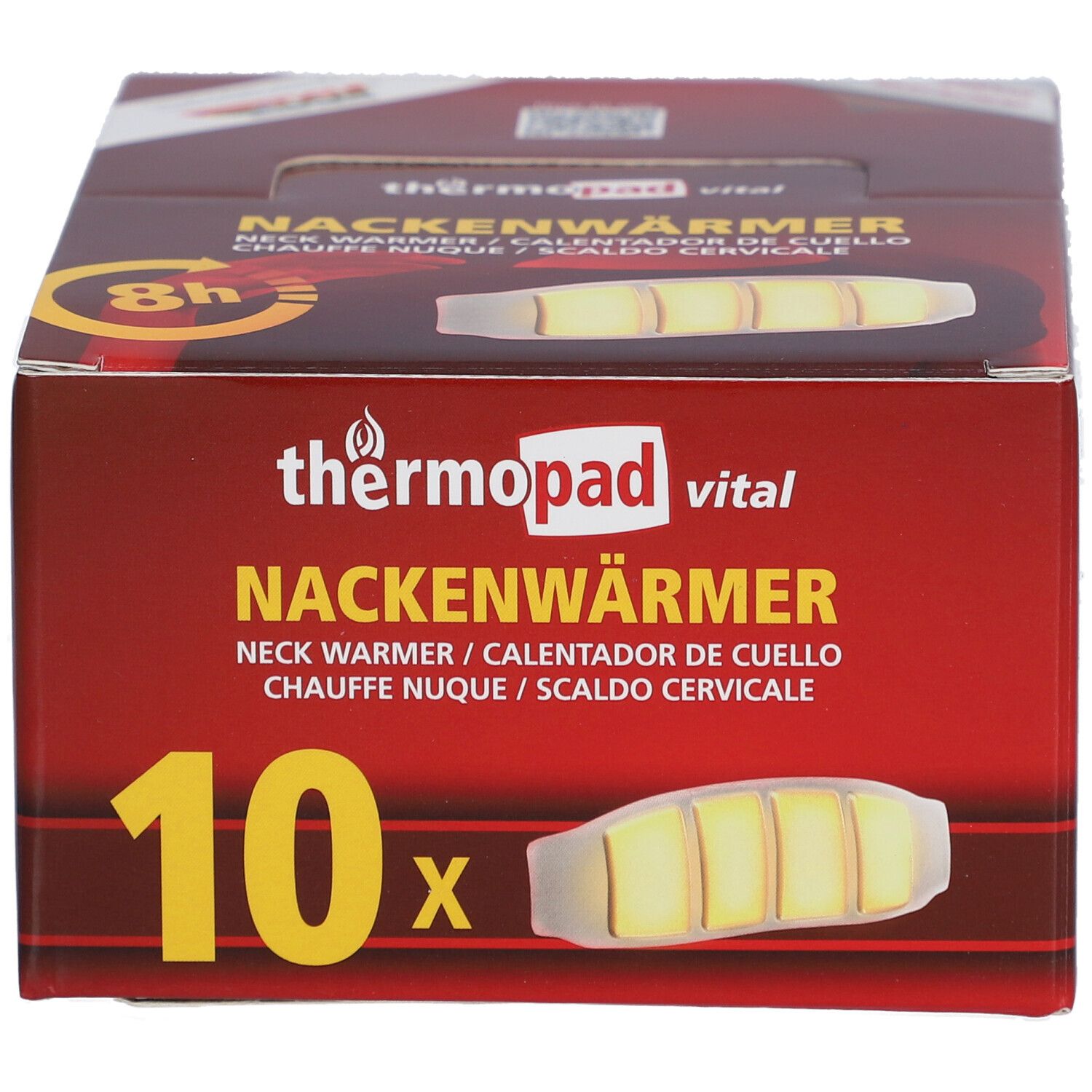 Verpakking van thermopad® Nackenwärmer. Rode doos met productafbeelding en tekst. Bevat 10 stuks.