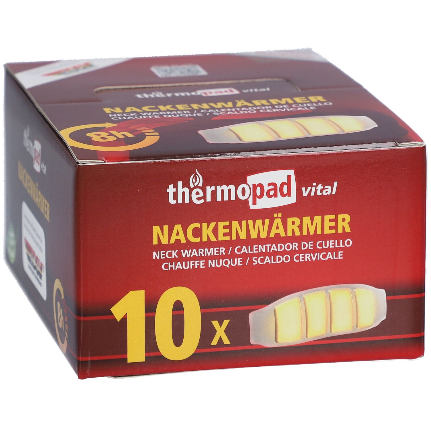 Verpakking van thermopad® Nackenwärmer. Rode doos met productafbeelding en tekst. Bevat 10 stuks.
