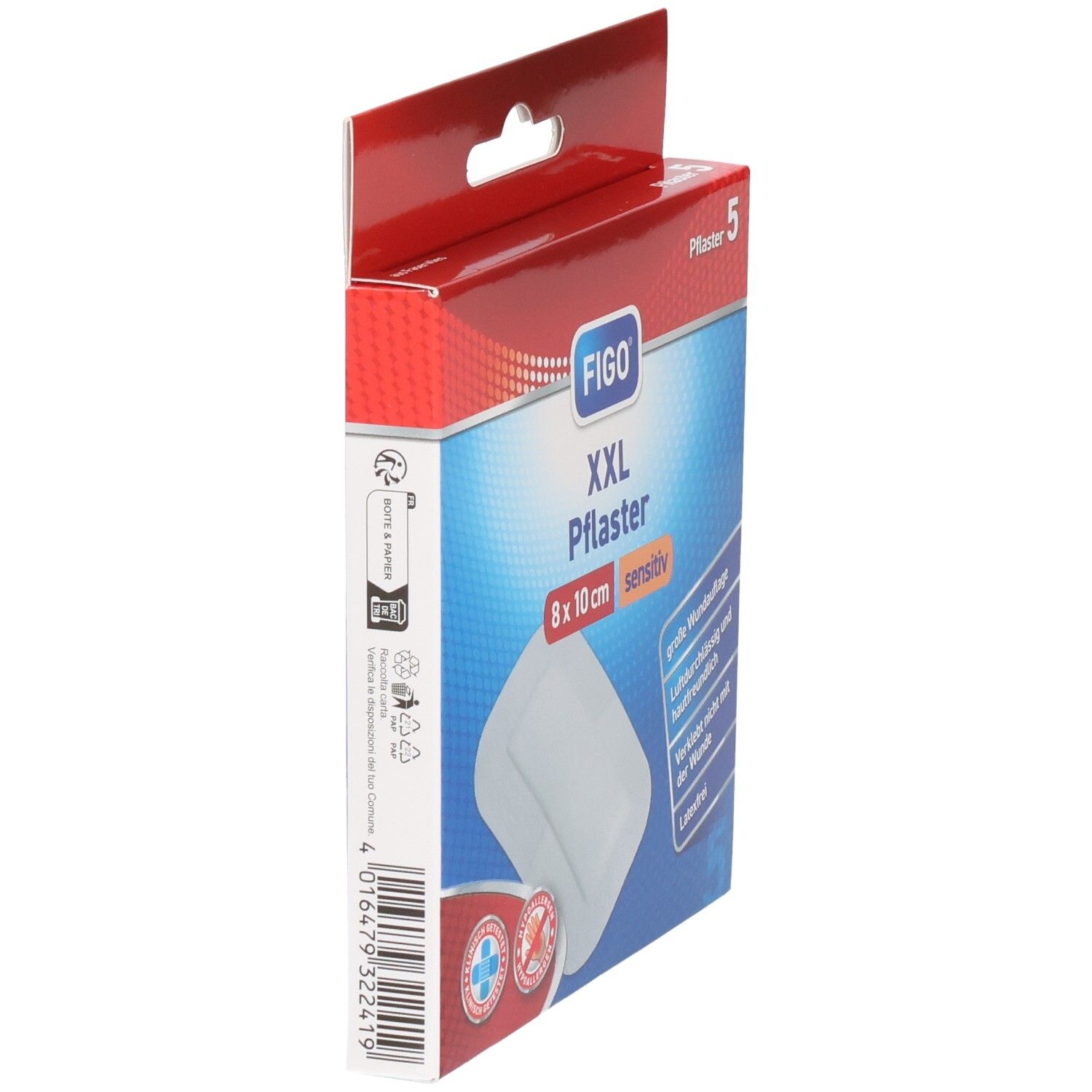 Vue latérale de l'emballage Figo XXL Pansement sensitiv, 8x10 cm, blanc.