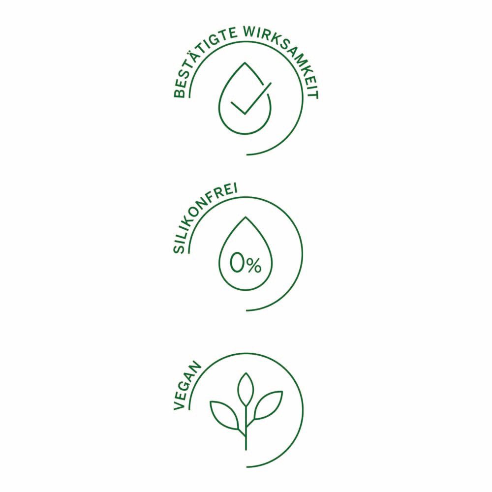 Trois logos verts : Efficacité confirmée, Sans silicone (0%), Vegan. Sur fond blanc.