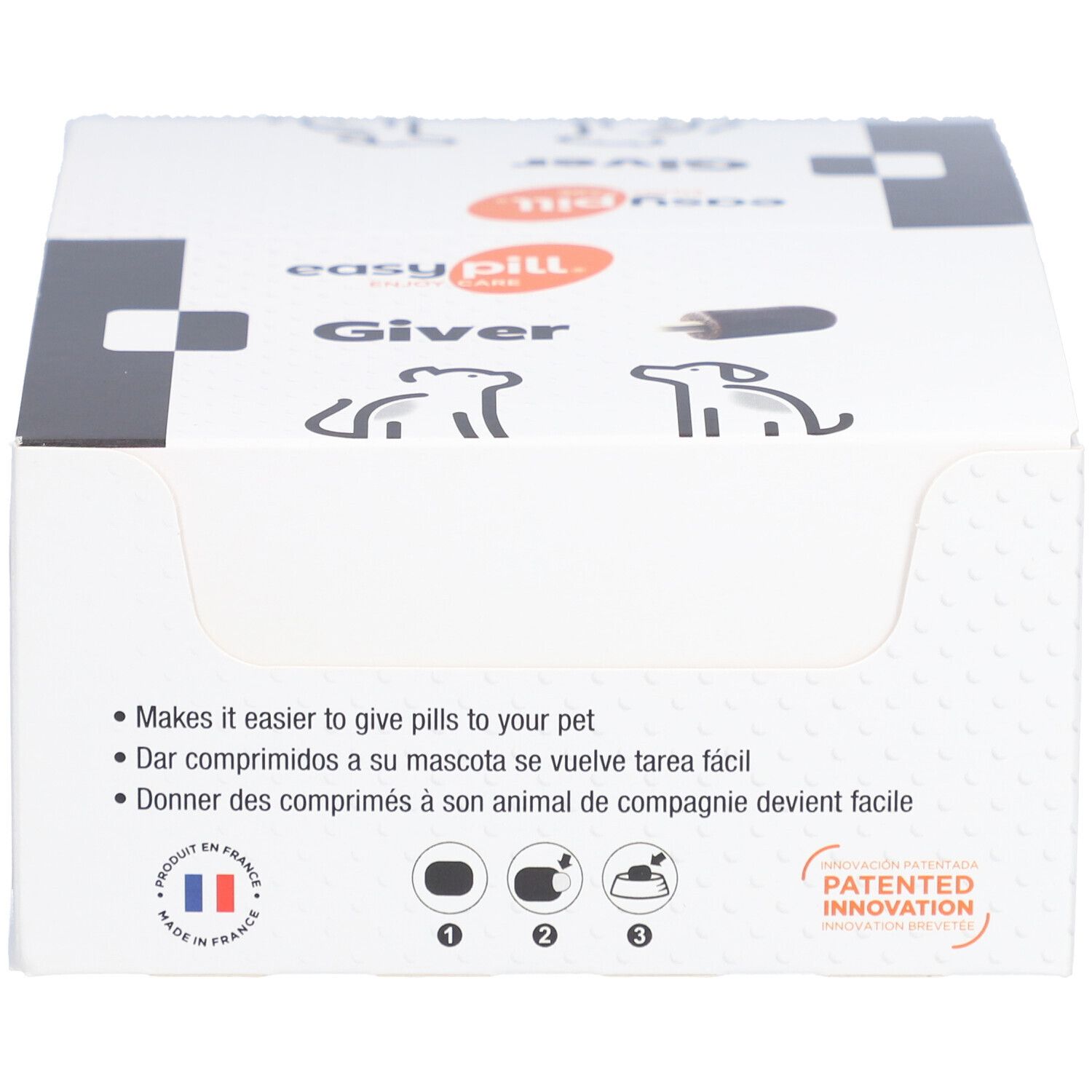 Boîte blanche avec texte et illustrations. Marque: easy pill Giver. Drapeau français. Breveté. Instructions.