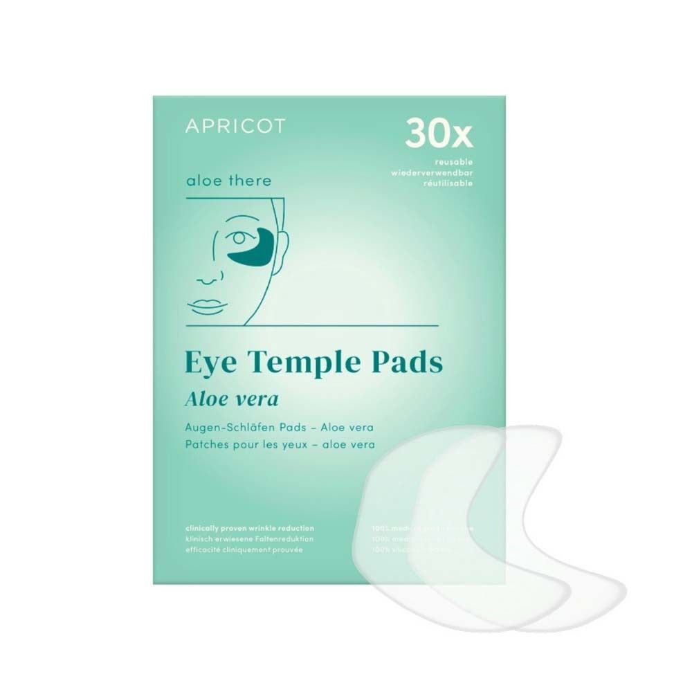 Verpakking van APRICOT Eye Temple Pads. Bevat 30 herbruikbare pads. Aloë Vera. Tekst: Oog-slaap pads.