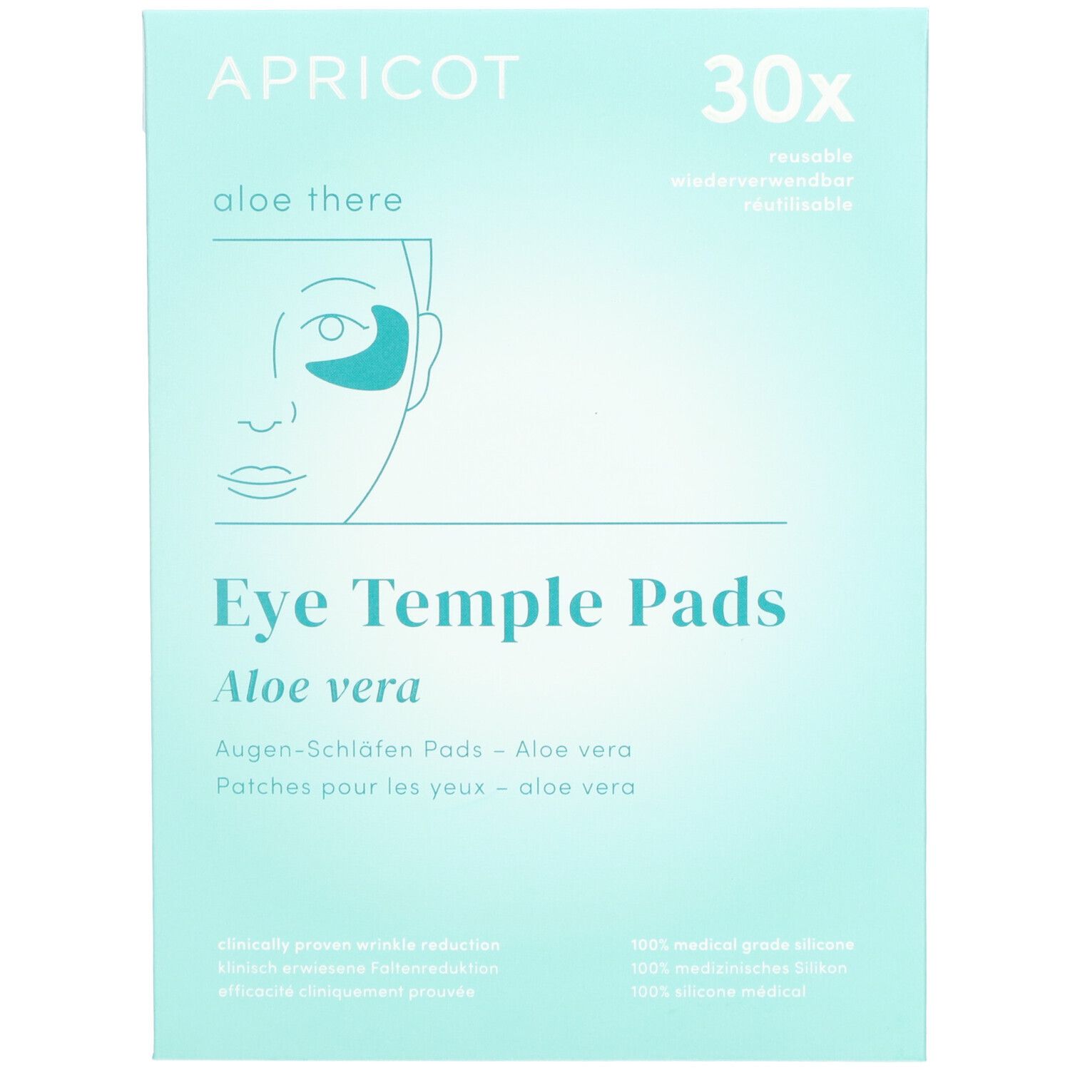 Verpakking met APRICOT oog-slaap pads. Tekst: Eye Temple Pads, Aloe vera. 30x, herbruikbaar. Illustratie van een gezicht met een pad.