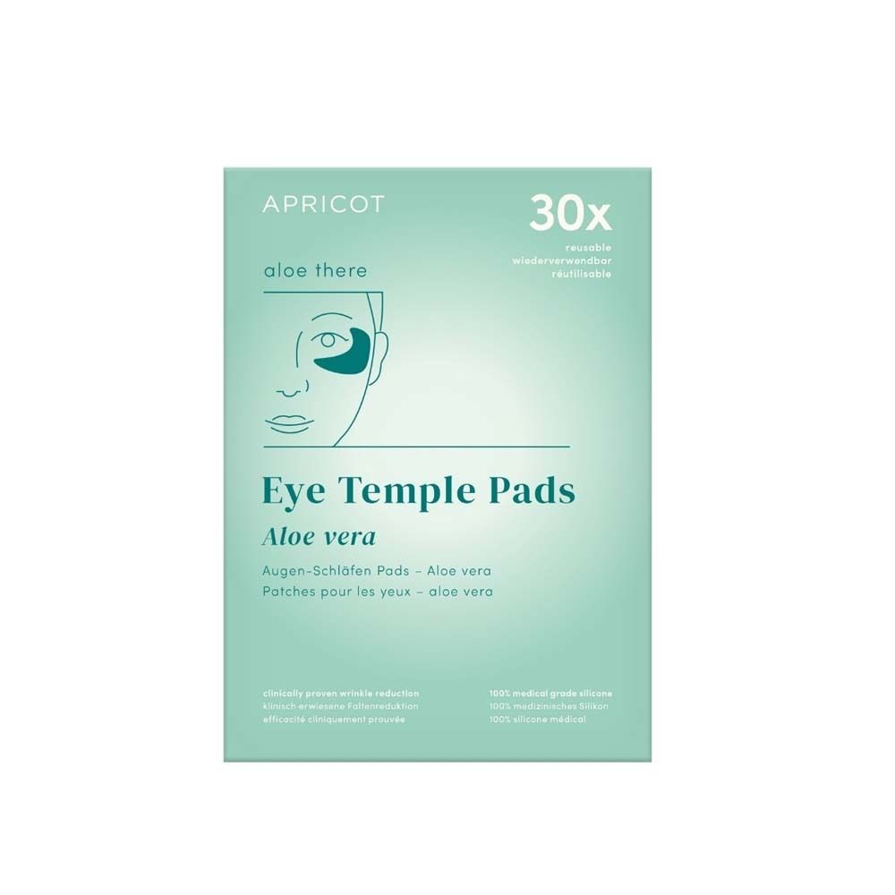 Verpakking van APRICOT Eye Temple Pads. Bevat 30 herbruikbare pads. Aloë Vera. Tekst: Oog-slaap pads.