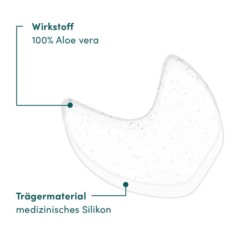 Afbeelding: Eye Temple pad met labels. Actieve stof: 100% Aloë Vera. Drager: medische siliconen.
